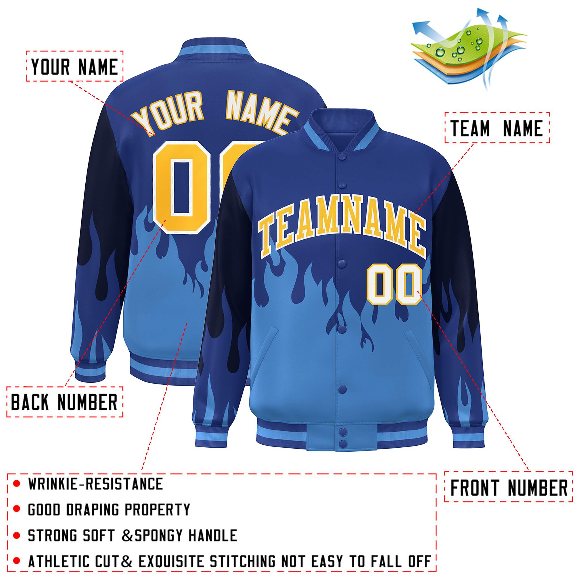 Custom Royal Powder Blue-Gold Flame Graffiti Pattern Bomber Varsity Full-Snap Jacket