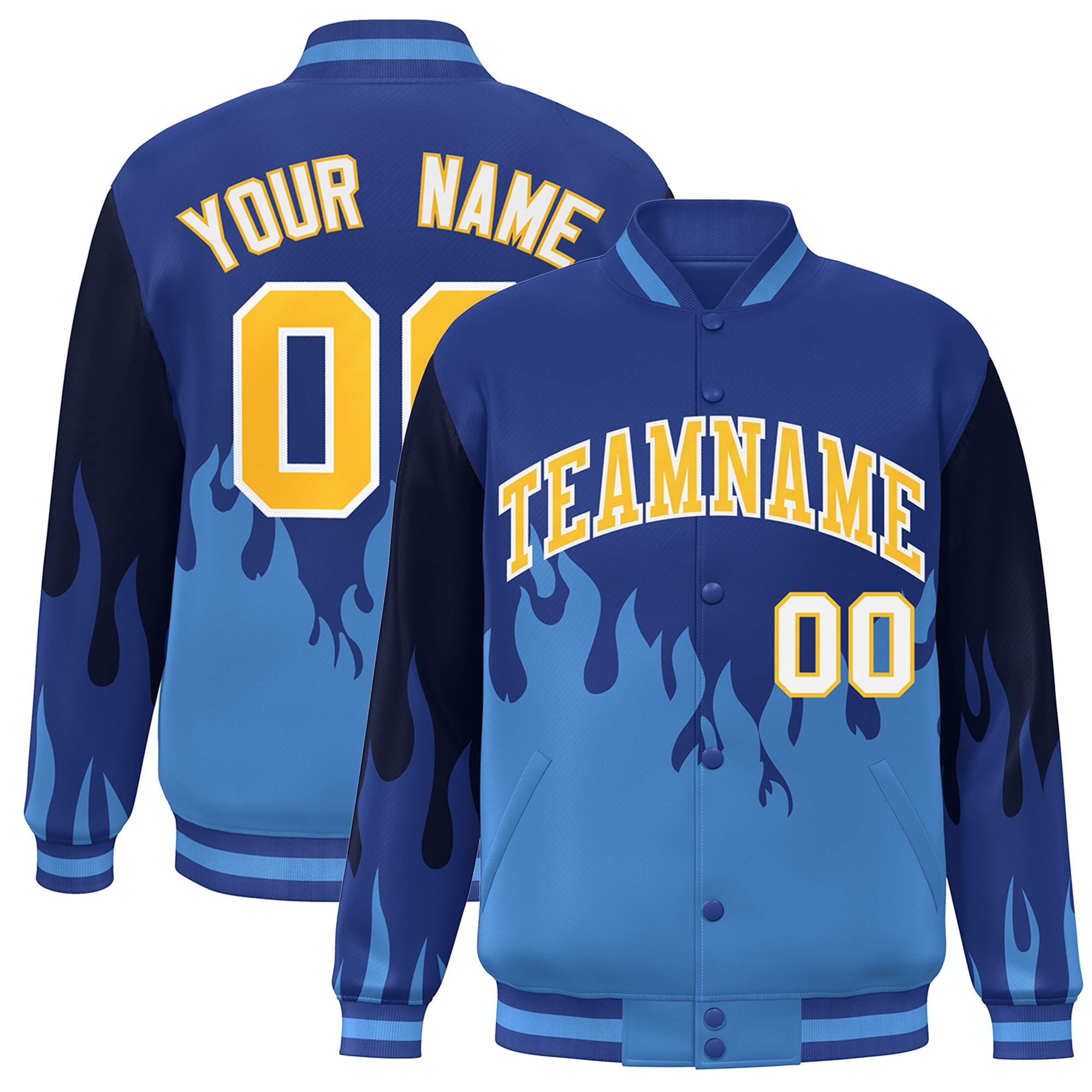 Custom Royal Powder Blue-Gold Flame Graffiti Pattern Bomber Varsity Full-Snap Jacket