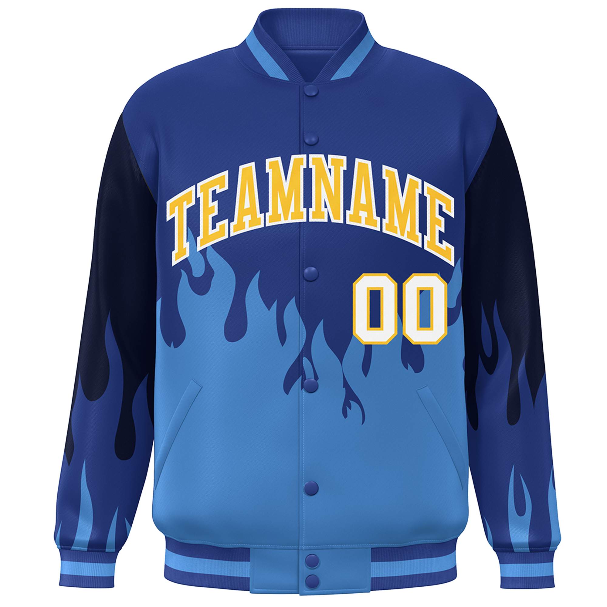 Custom Royal Powder Blue-Gold Flame Graffiti Pattern Bomber Varsity Full-Snap Jacket