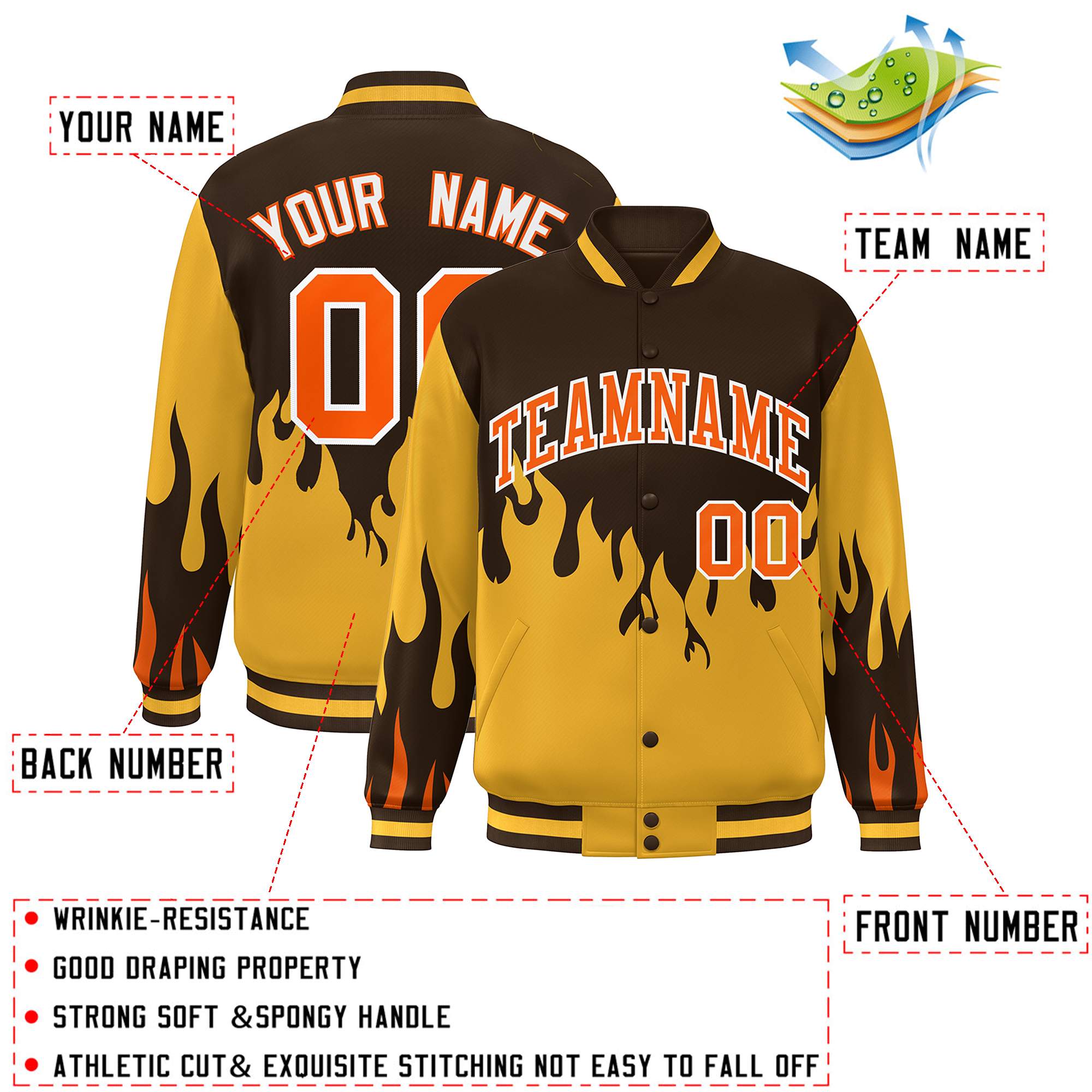 Custom Brown Gold-Orange Flame Graffiti Pattern Bomber Varsity Full-Snap Jacket