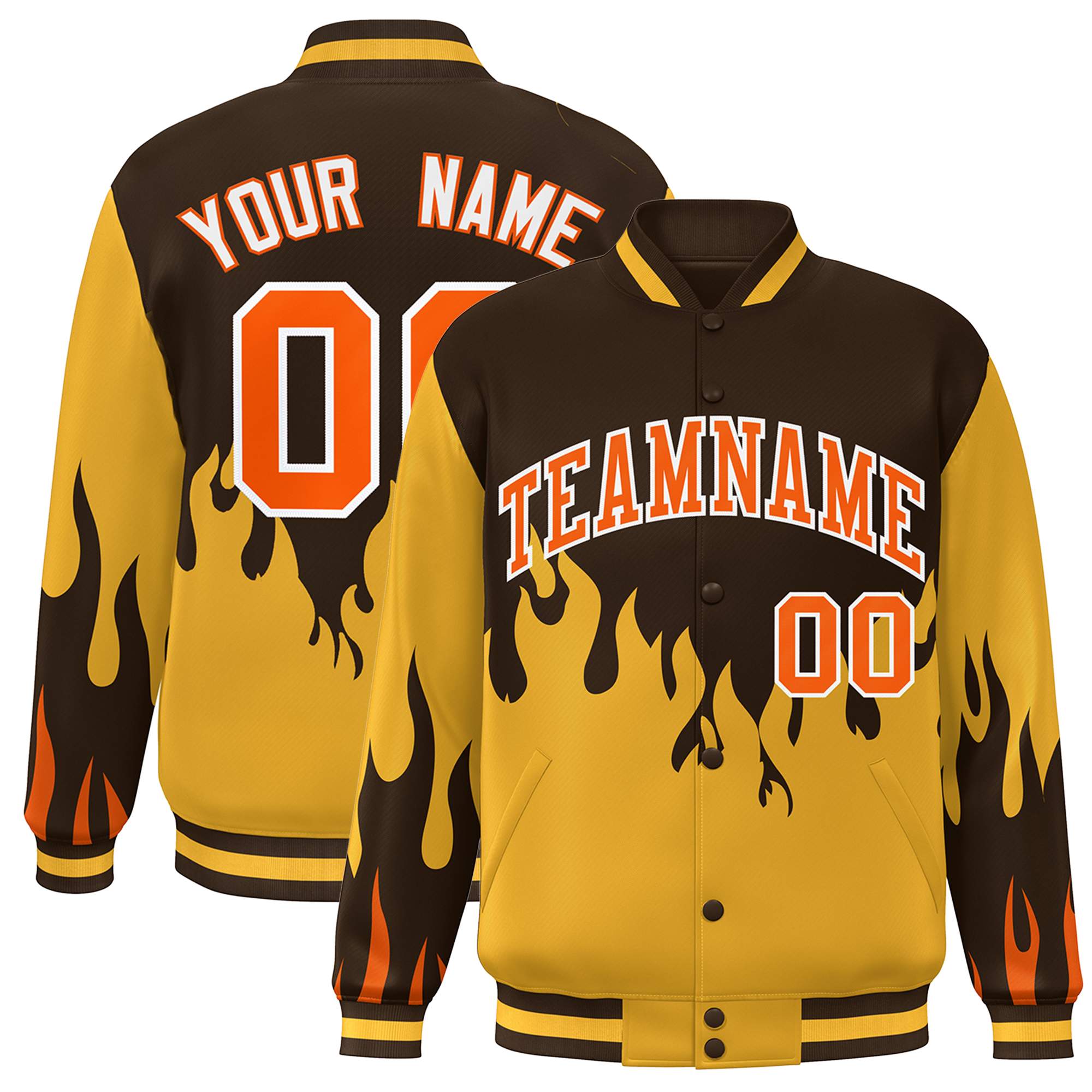 Custom Brown Gold-Orange Flame Graffiti Pattern Bomber Varsity Full-Snap Jacket