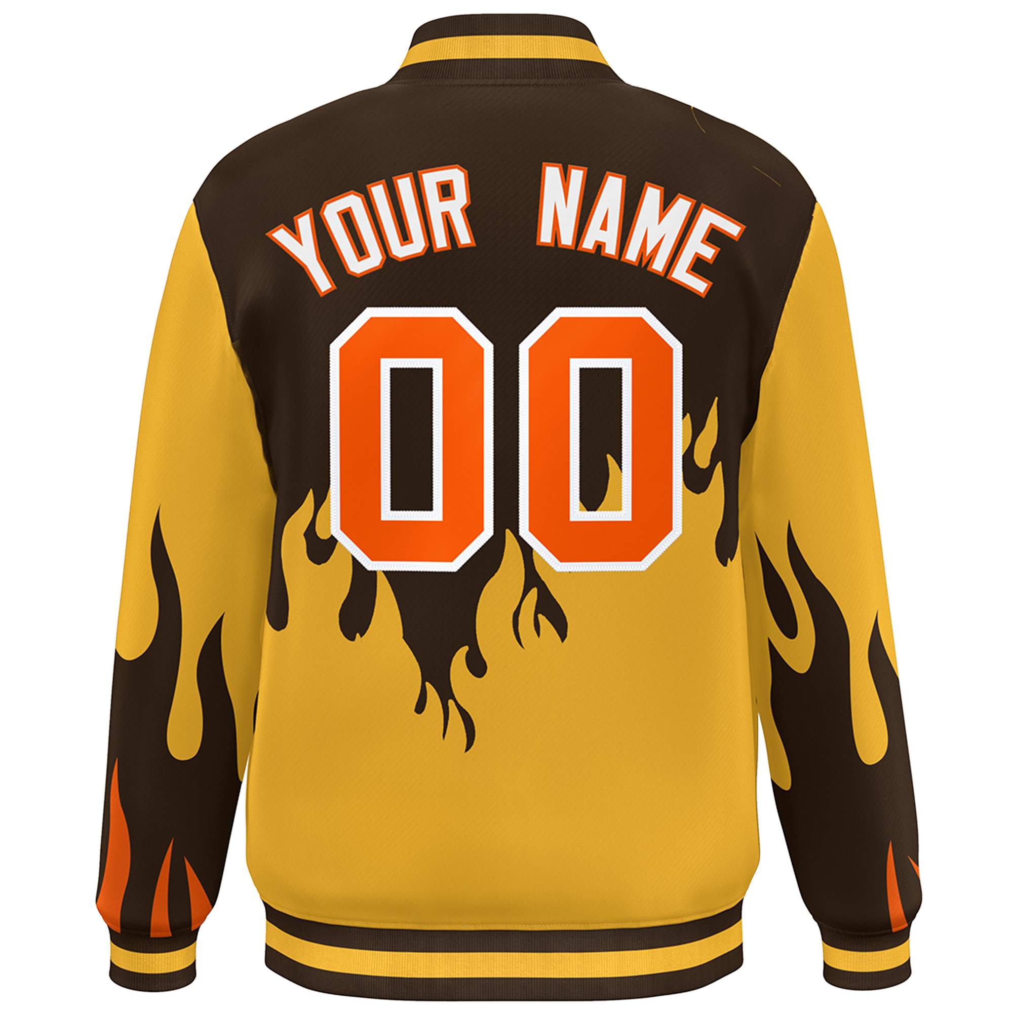 Custom Brown Gold-Orange Flame Graffiti Pattern Bomber Varsity Full-Snap Jacket