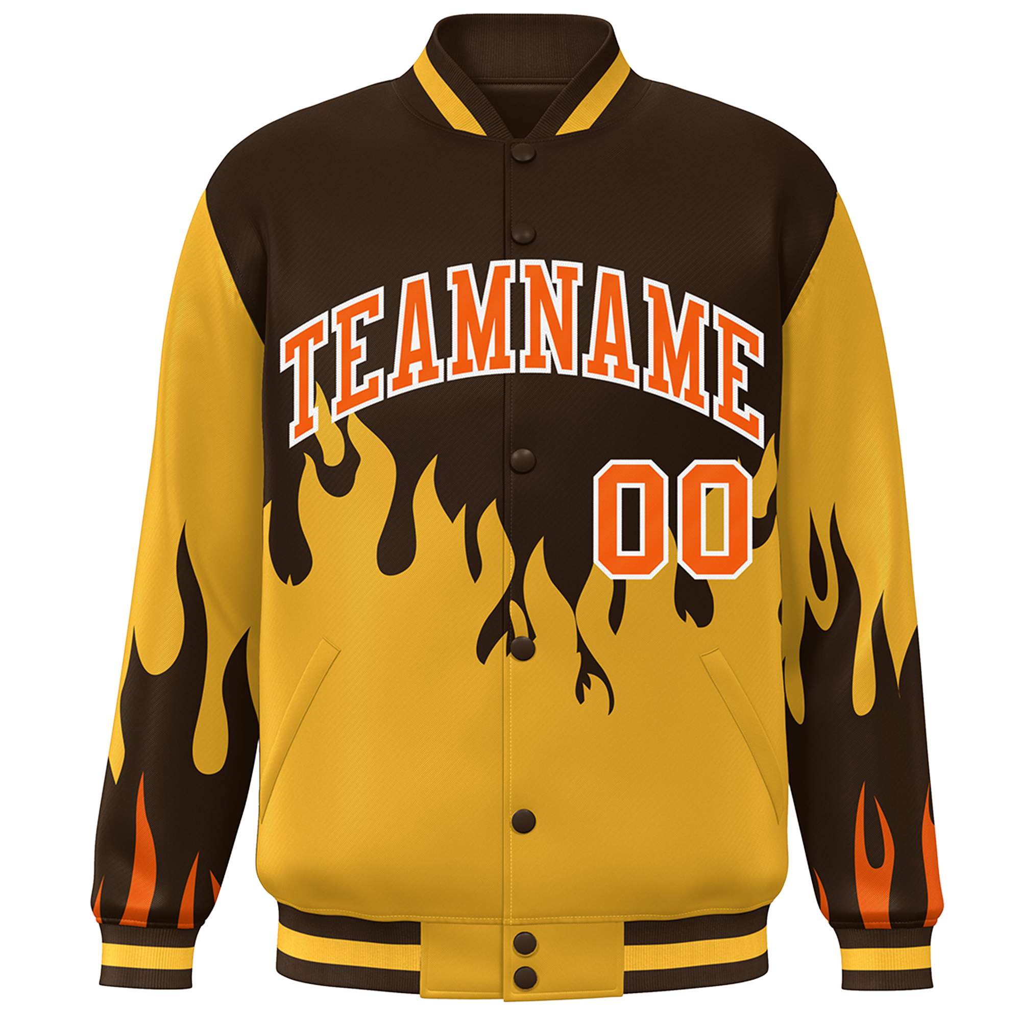 Custom Brown Gold-Orange Flame Graffiti Pattern Bomber Varsity Full-Snap Jacket