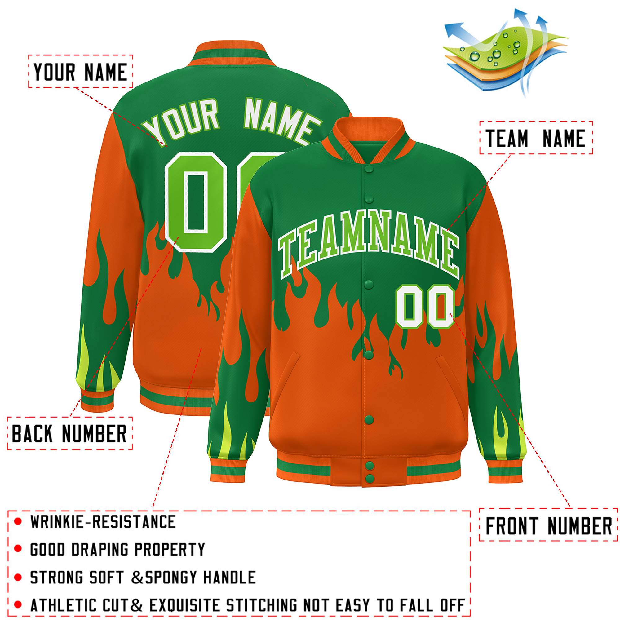 Custom Kelly Green Orange Flame Graffiti Pattern Bomber Varsity Full-Snap Jacket