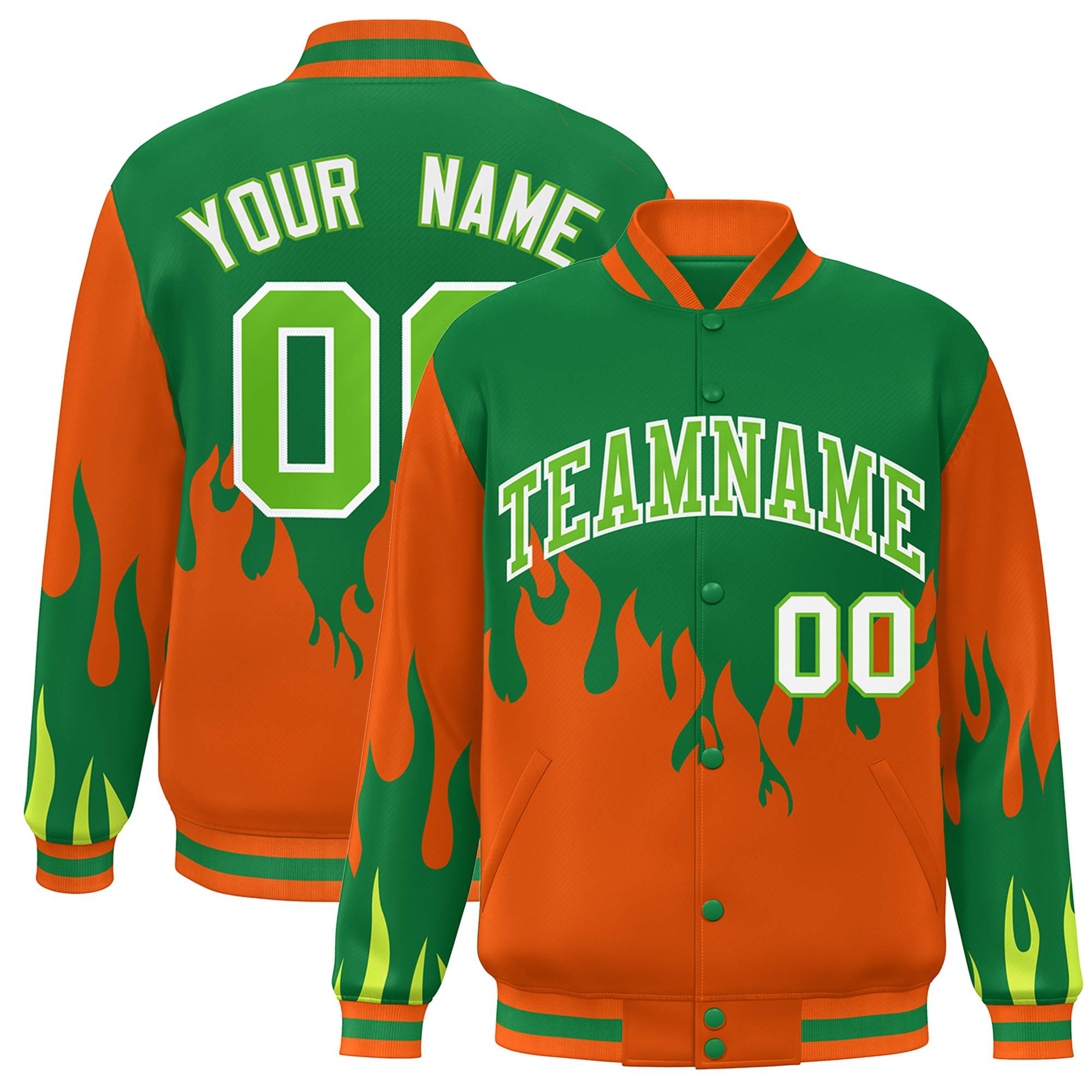 Custom Kelly Green Orange Flame Graffiti Pattern Bomber Varsity Full-Snap Jacket