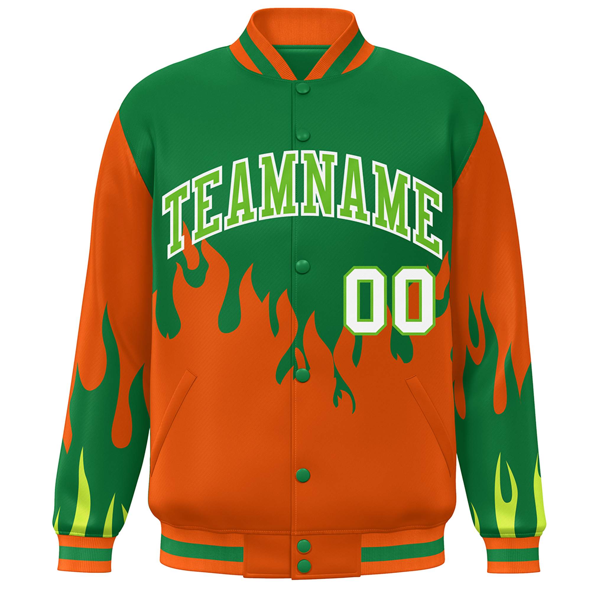 Custom Kelly Green Orange Flame Graffiti Pattern Bomber Varsity Full-Snap Jacket