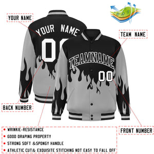 Custom Black Gray-White Flame Graffiti Pattern Bomber Varsity Full-Snap Jacket