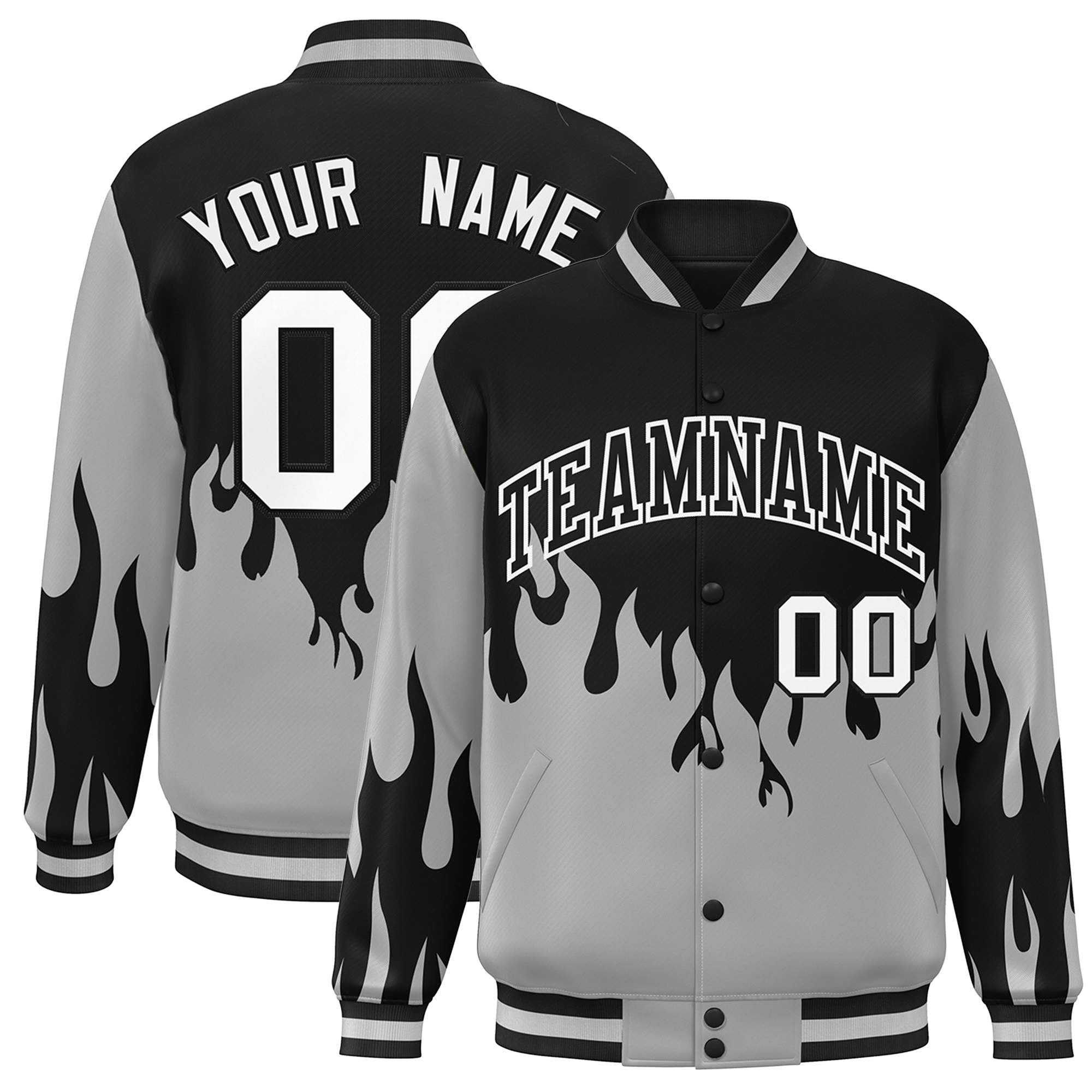 Custom Black Gray-White Flame Graffiti Pattern Bomber Varsity Full-Snap Jacket