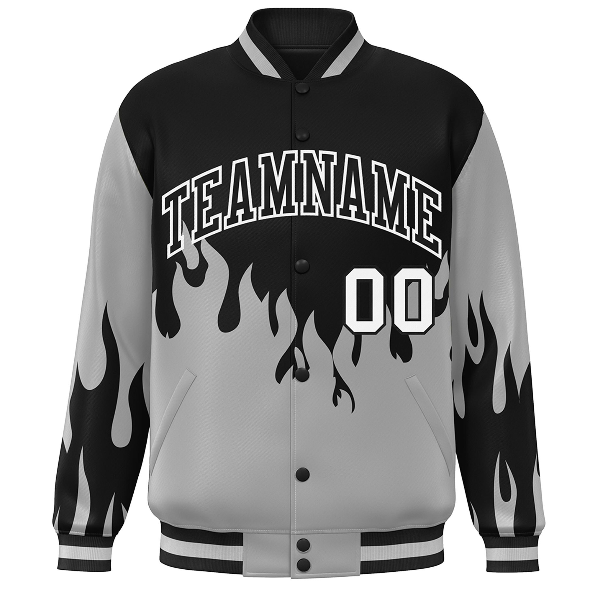 Custom Black Gray-White Flame Graffiti Pattern Bomber Varsity Full-Snap Jacket