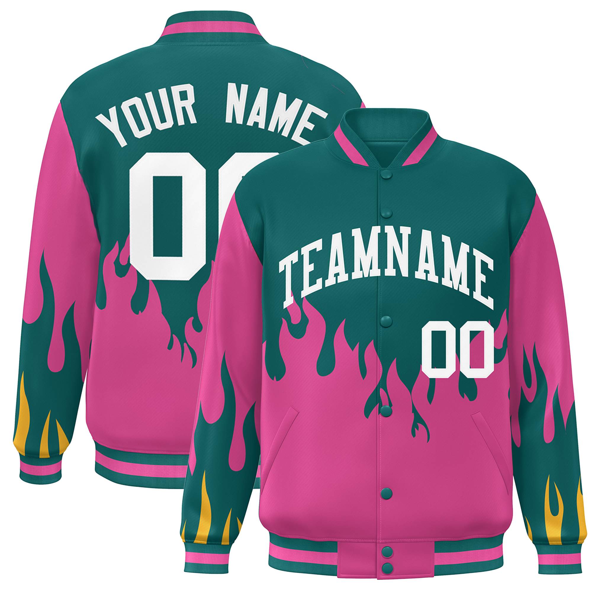 Custom Aqua Pink-White Flame Graffiti Pattern Bomber Varsity Full-Snap Jacket