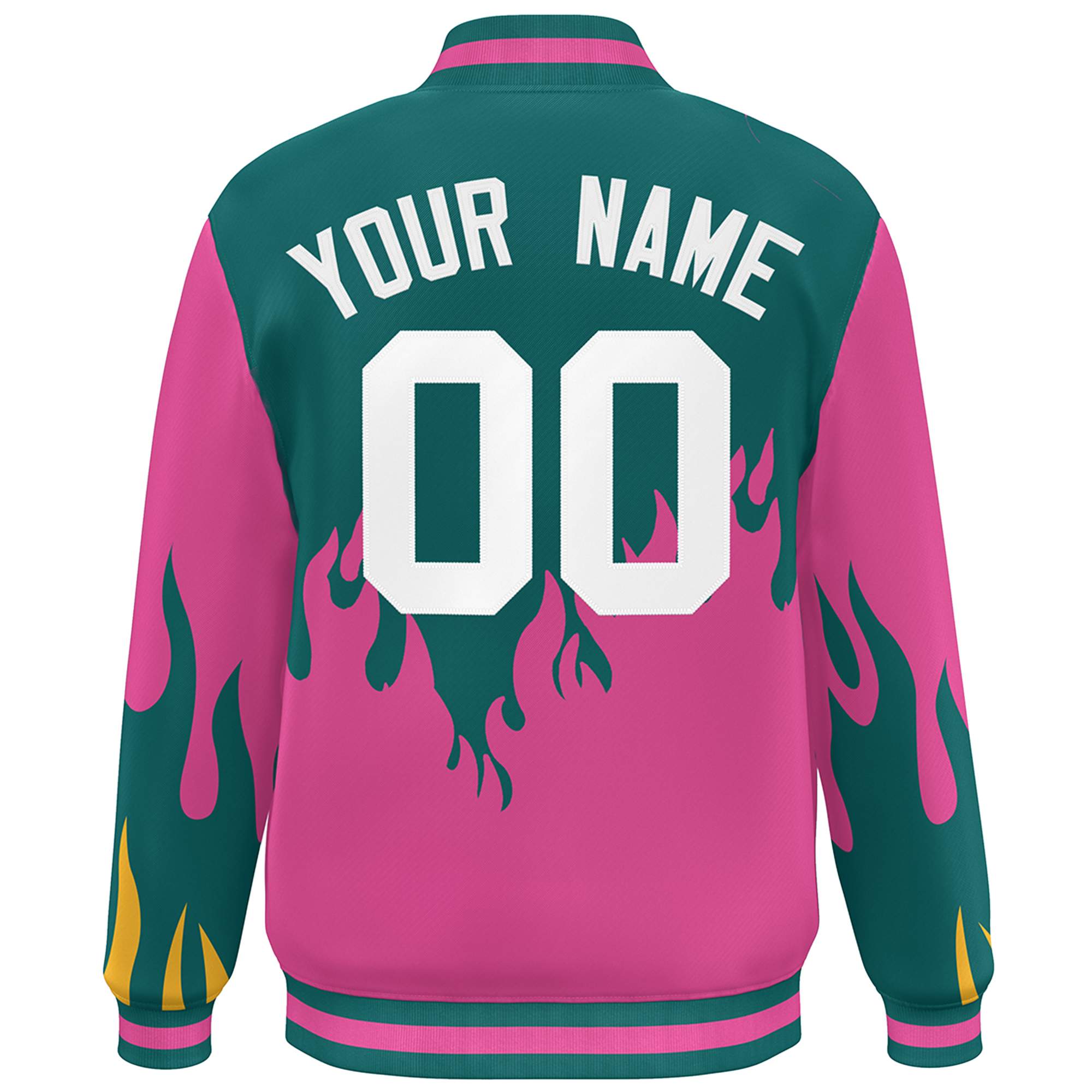 Custom Aqua Pink-White Flame Graffiti Pattern Bomber Varsity Full-Snap Jacket