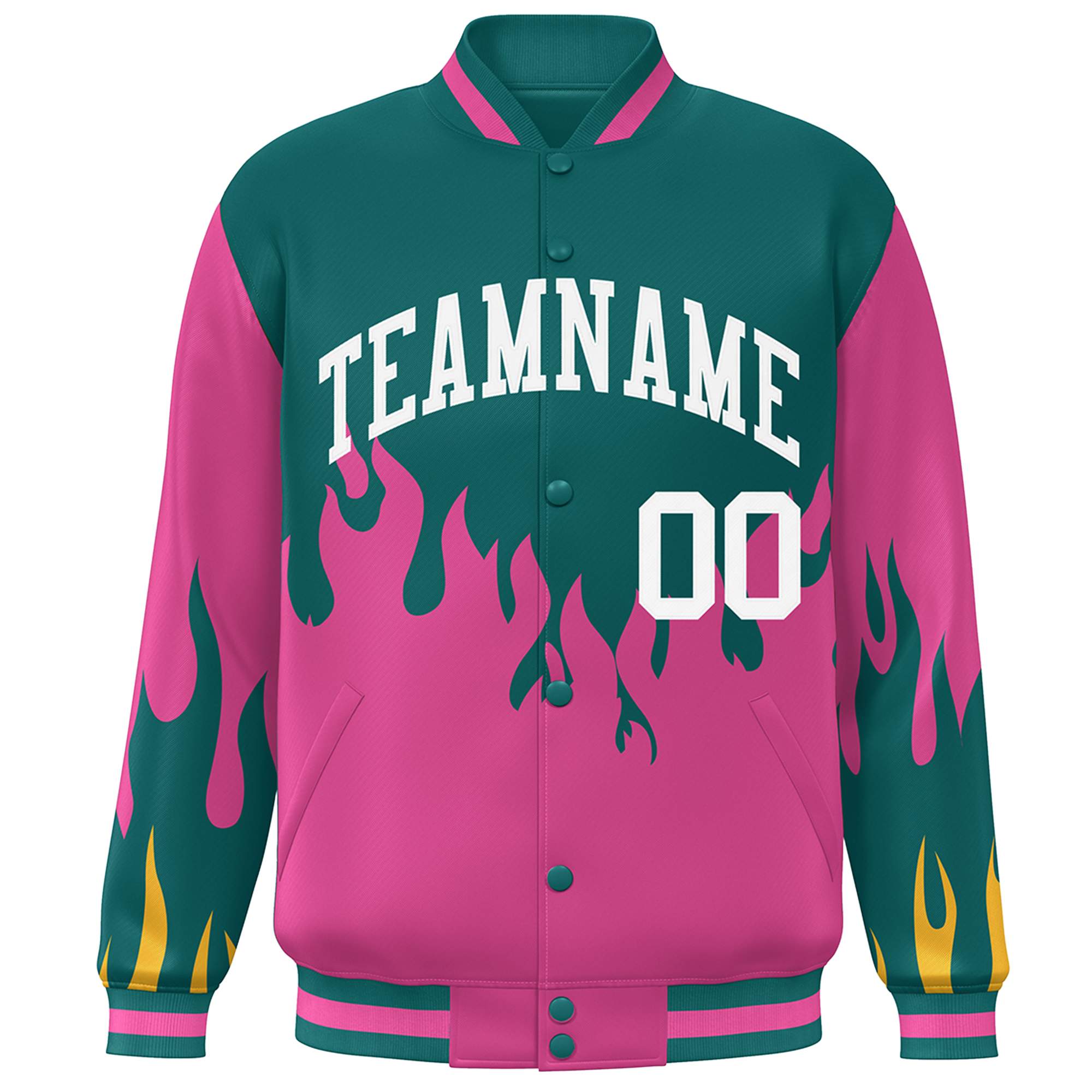 Custom Aqua Pink-White Flame Graffiti Pattern Bomber Varsity Full-Snap Jacket