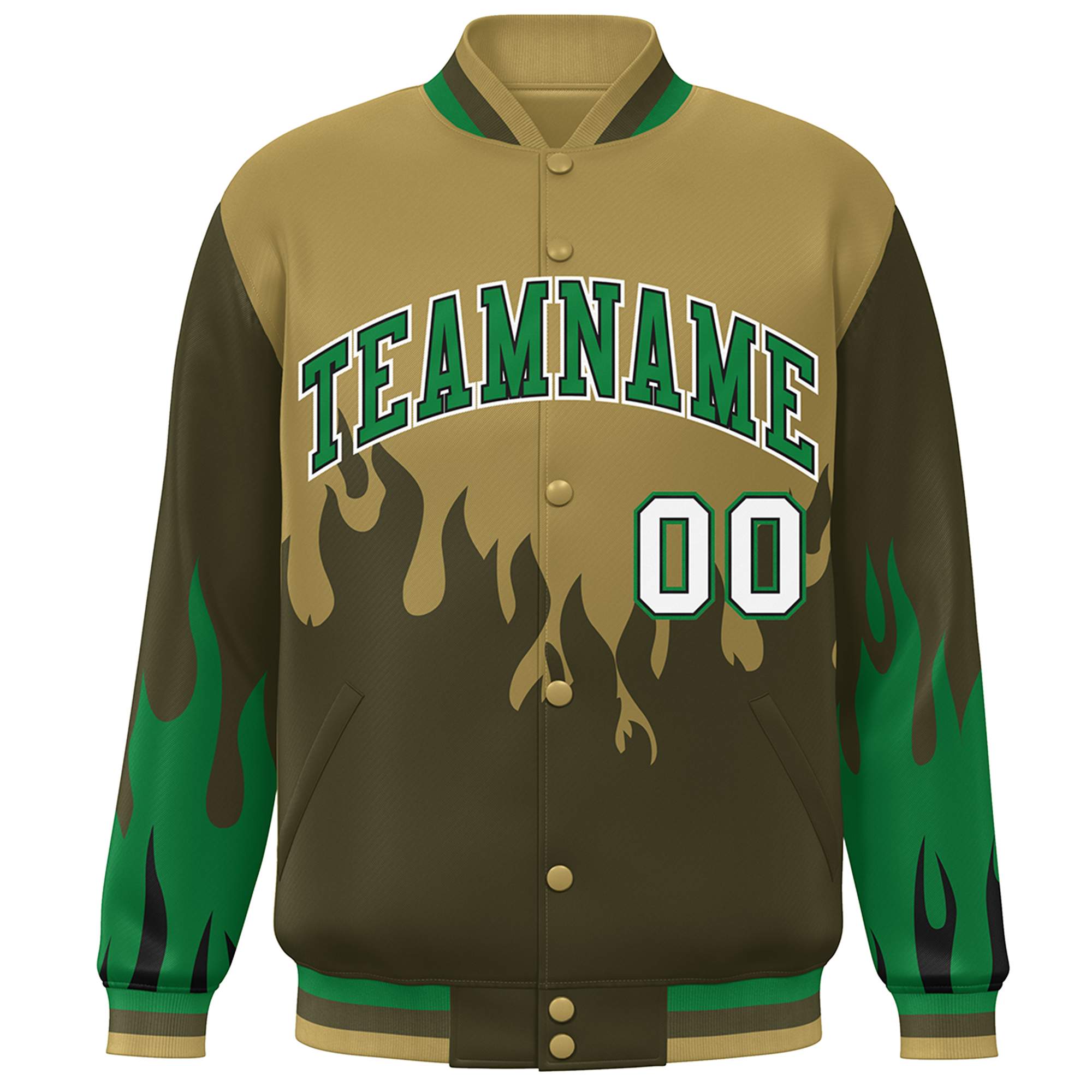 Custom Desert Yellow Olive-Green Flame Graffiti Pattern Bomber Varsity Full-Snap Jacket