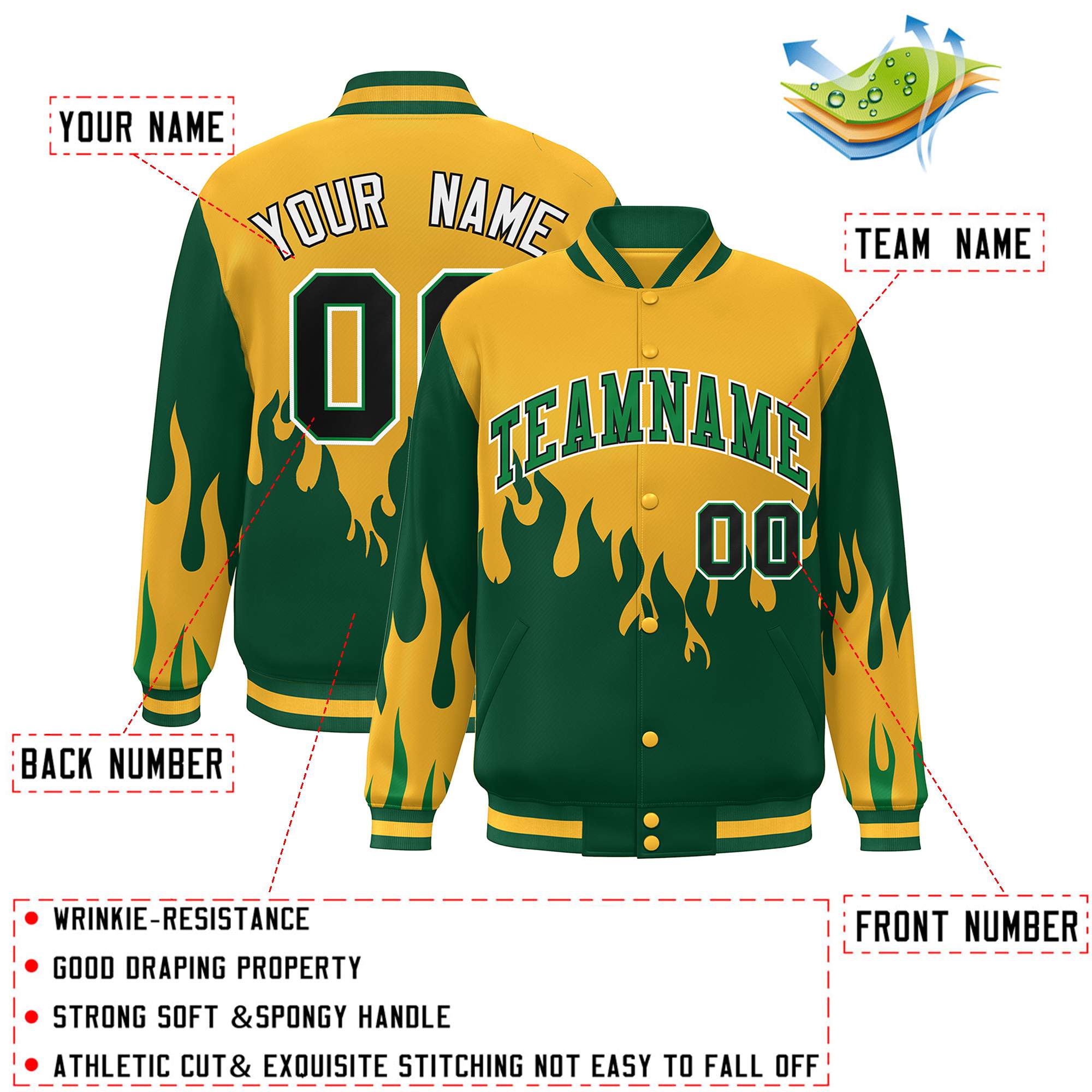 Custom Gold Green-White Flame Graffiti Pattern Bomber Varsity Full-Snap Jacket