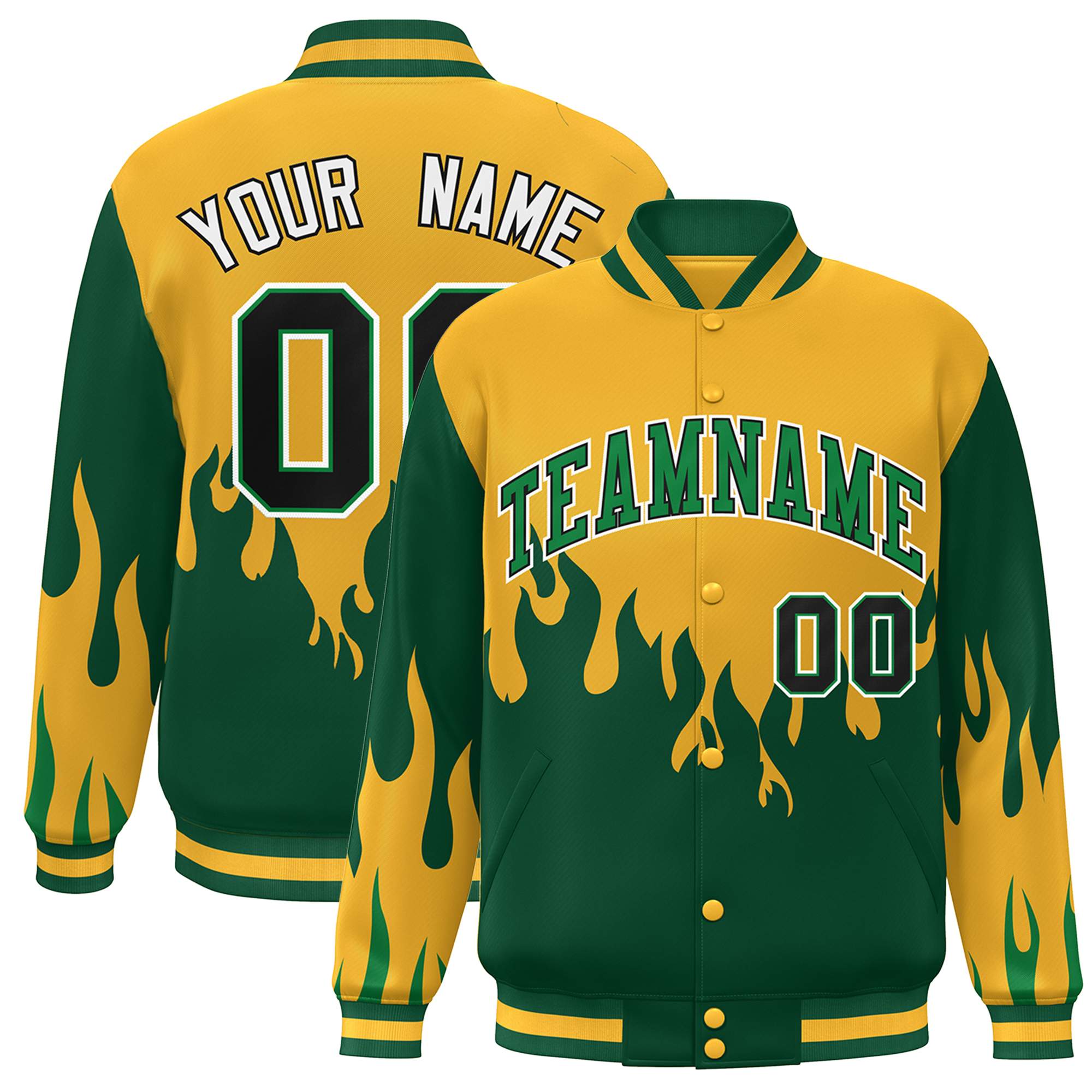 Custom Gold Green-White Flame Graffiti Pattern Bomber Varsity Full-Snap Jacket