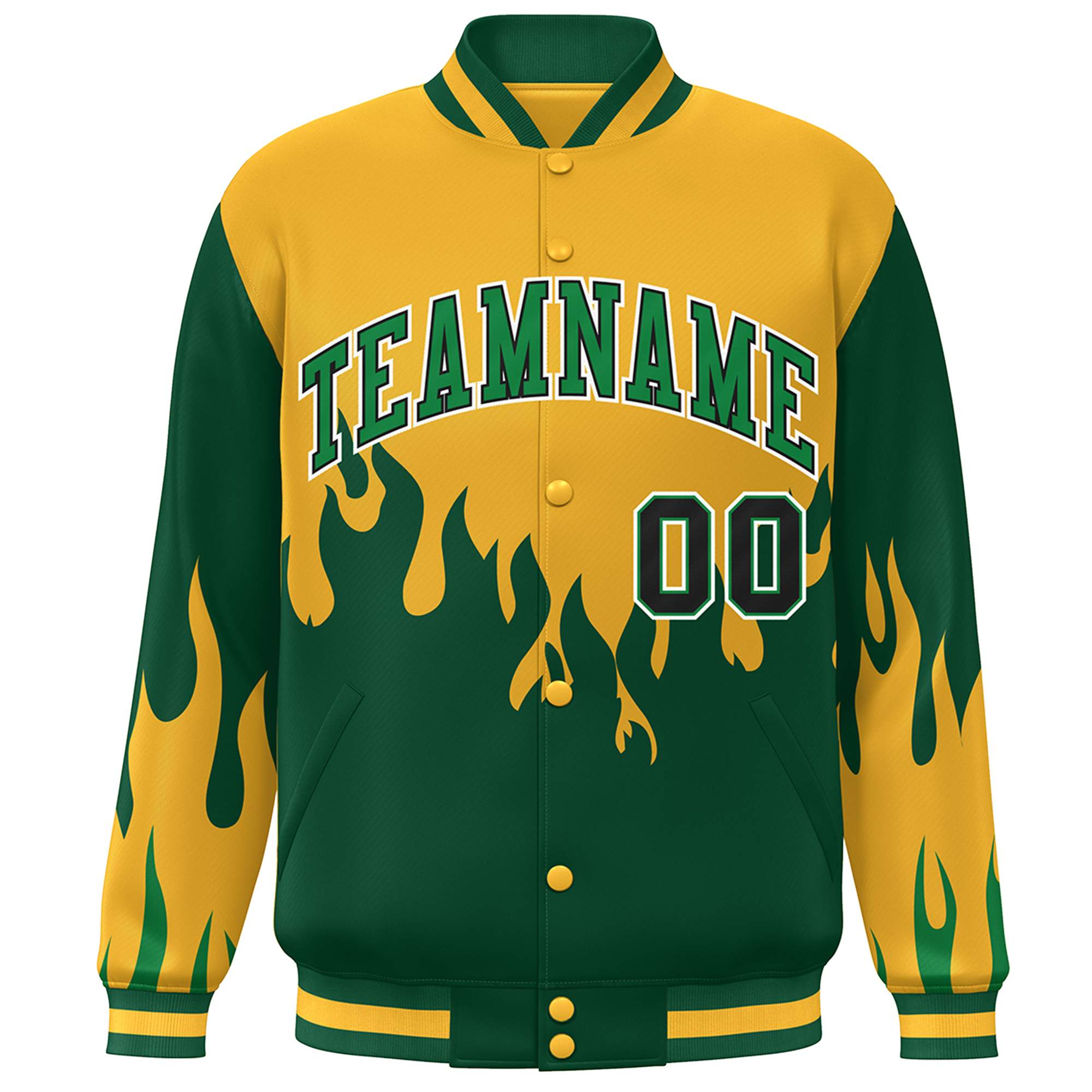 Custom Gold Green-White Flame Graffiti Pattern Bomber Varsity Full-Snap Jacket