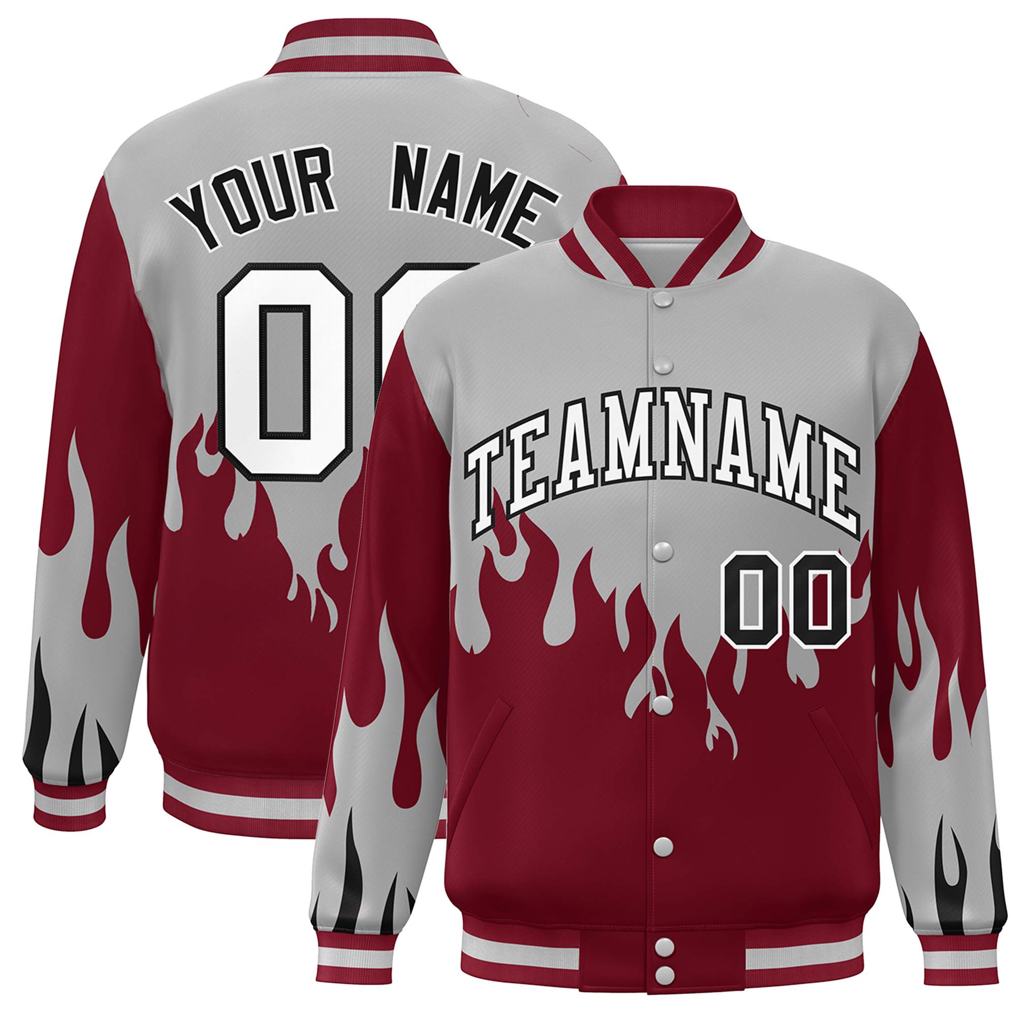 Custom Gray Crimson-White Flame Graffiti Pattern Bomber Varsity Full-Snap Jacket