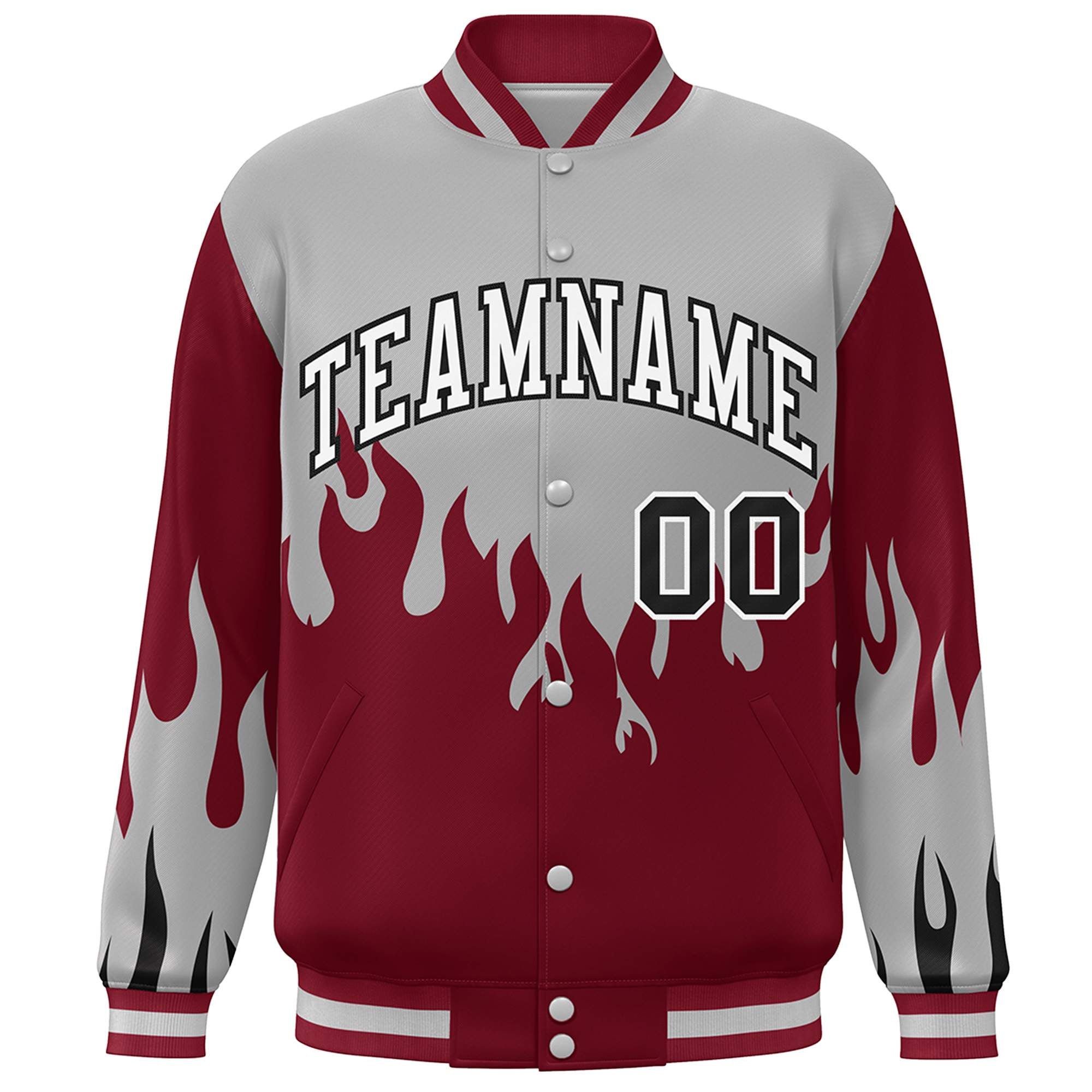 Custom Gray Crimson-White Flame Graffiti Pattern Bomber Varsity Full-Snap Jacket