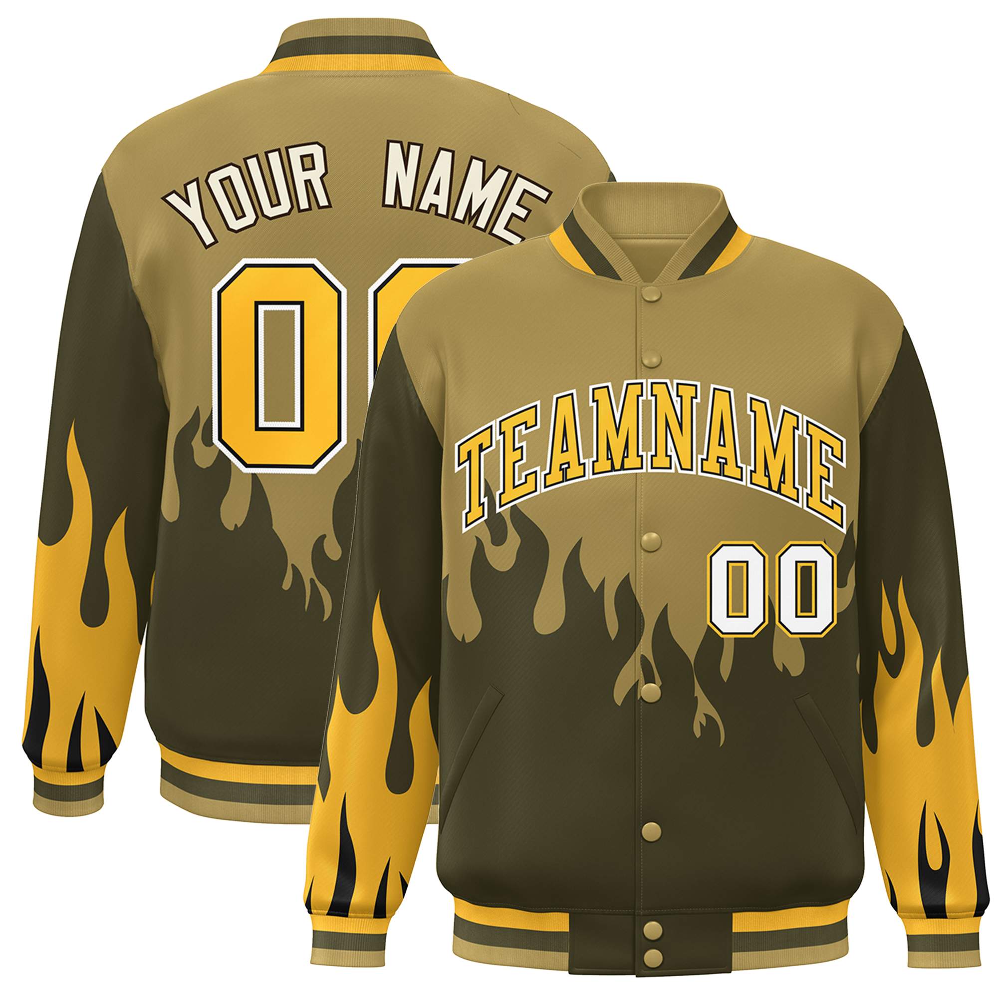 Custom Desert Yellow Olive-Gold Flame Graffiti Pattern Bomber Varsity Full-Snap Jacket