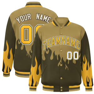 Custom Desert Yellow Olive-Gold Flame Graffiti Pattern Bomber Varsity Full-Snap Jacket