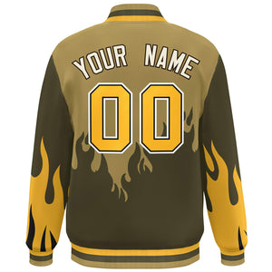 Custom Desert Yellow Olive-Gold Flame Graffiti Pattern Bomber Varsity Full-Snap Jacket