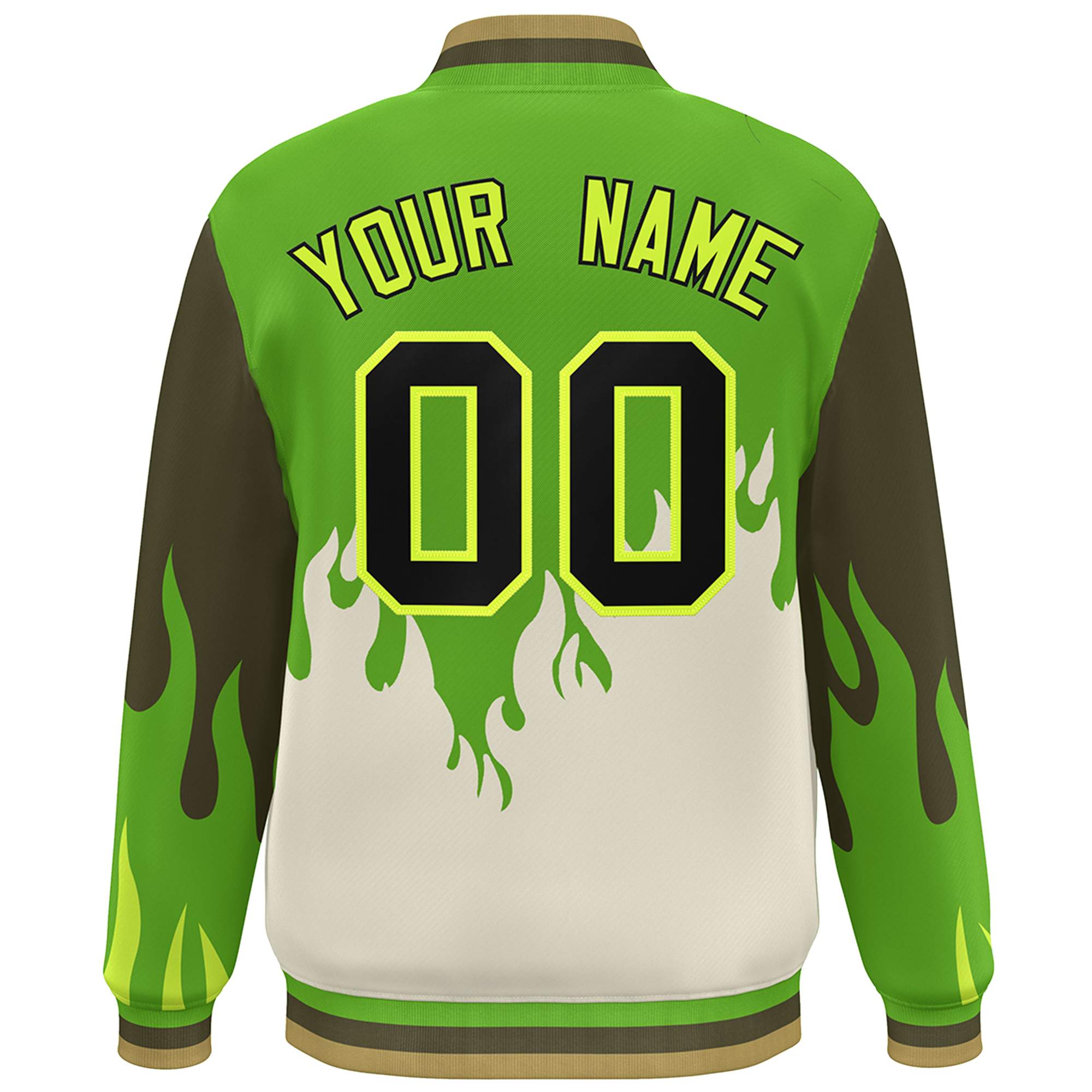 Custom Green Cream Flame Graffiti Pattern Bomber Varsity Full-Snap Jacket