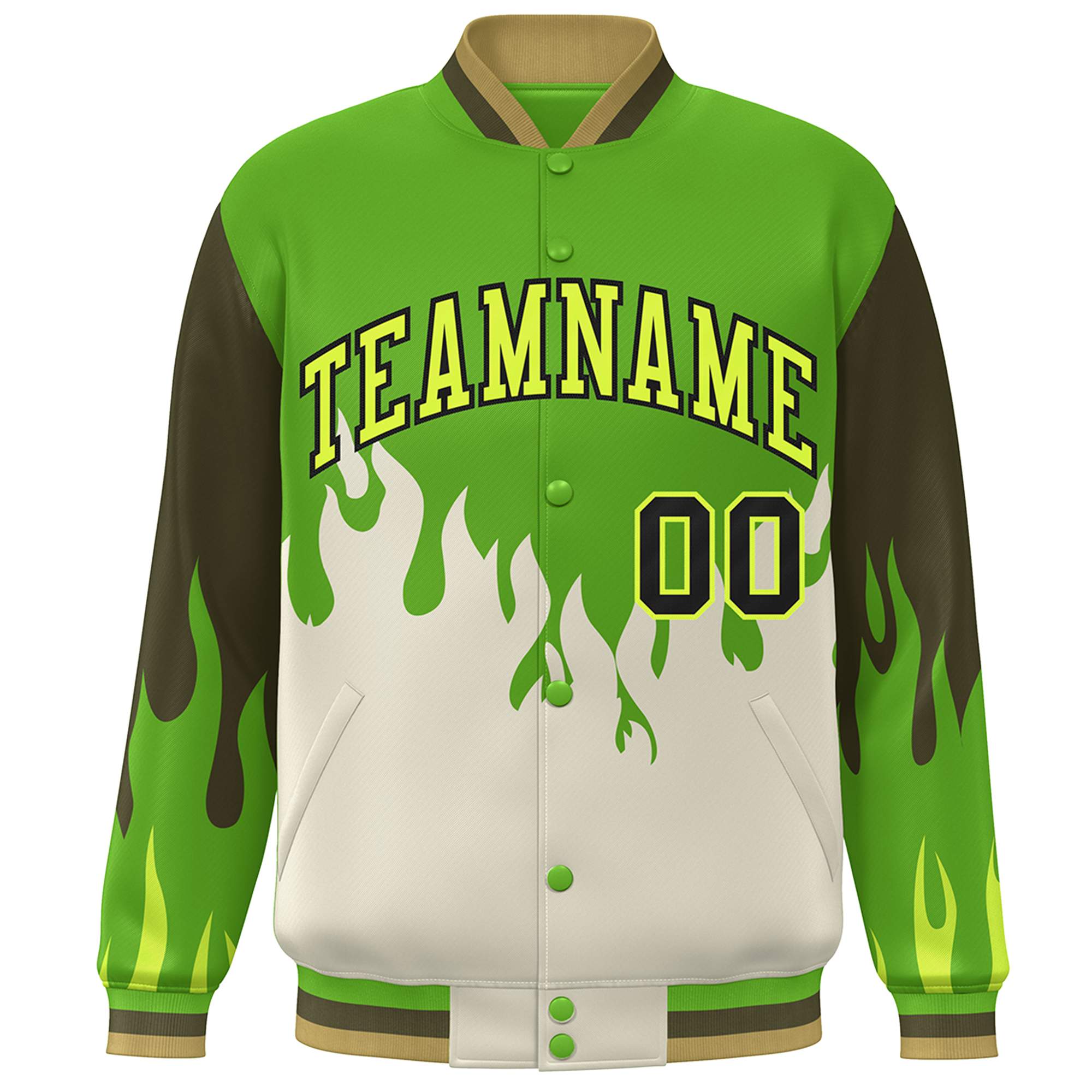 Custom Green Cream Flame Graffiti Pattern Bomber Varsity Full-Snap Jacket