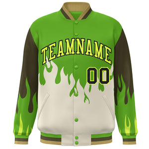 Custom Green Cream Flame Graffiti Pattern Bomber Varsity Full-Snap Jacket