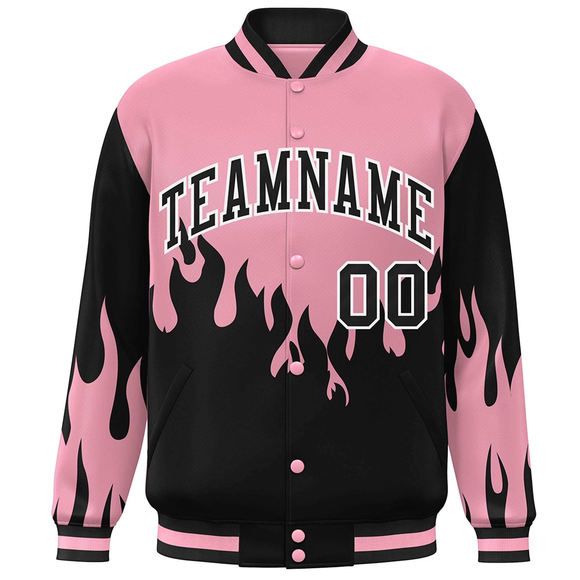 Custom Pink Black Flame Graffiti Pattern Bomber Varsity Full-Snap Jacket