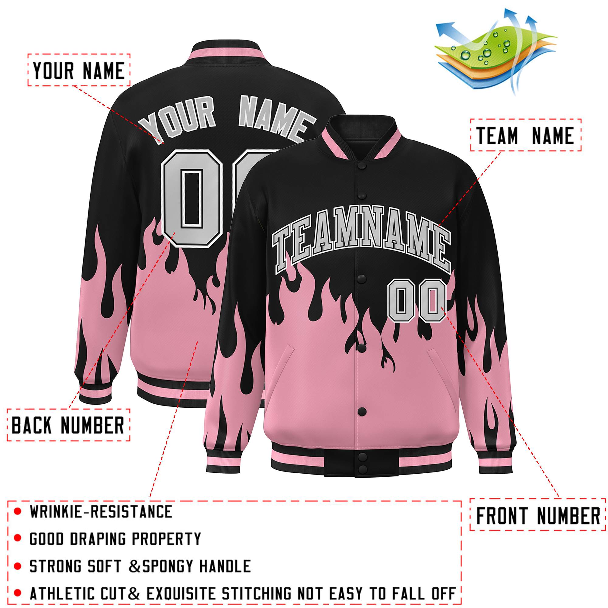 Custom Pink Black-Gray Flame Graffiti Pattern Bomber Varsity Full-Snap Jacket