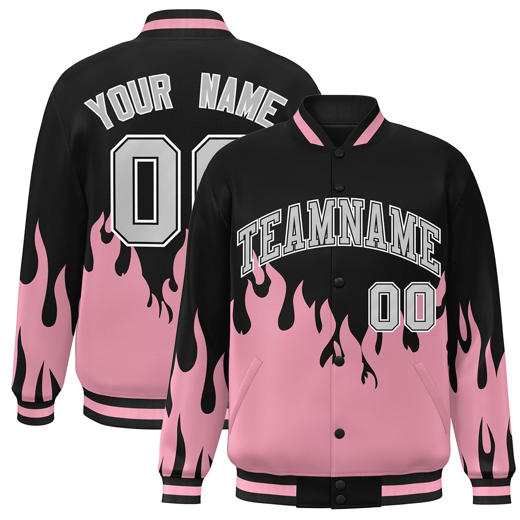 Custom Pink Black-Gray Flame Graffiti Pattern Bomber Varsity Full-Snap Jacket