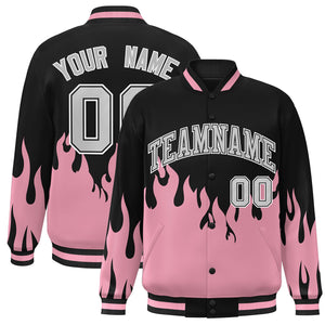 Custom Pink Black-Gray Flame Graffiti Pattern Bomber Varsity Full-Snap Jacket