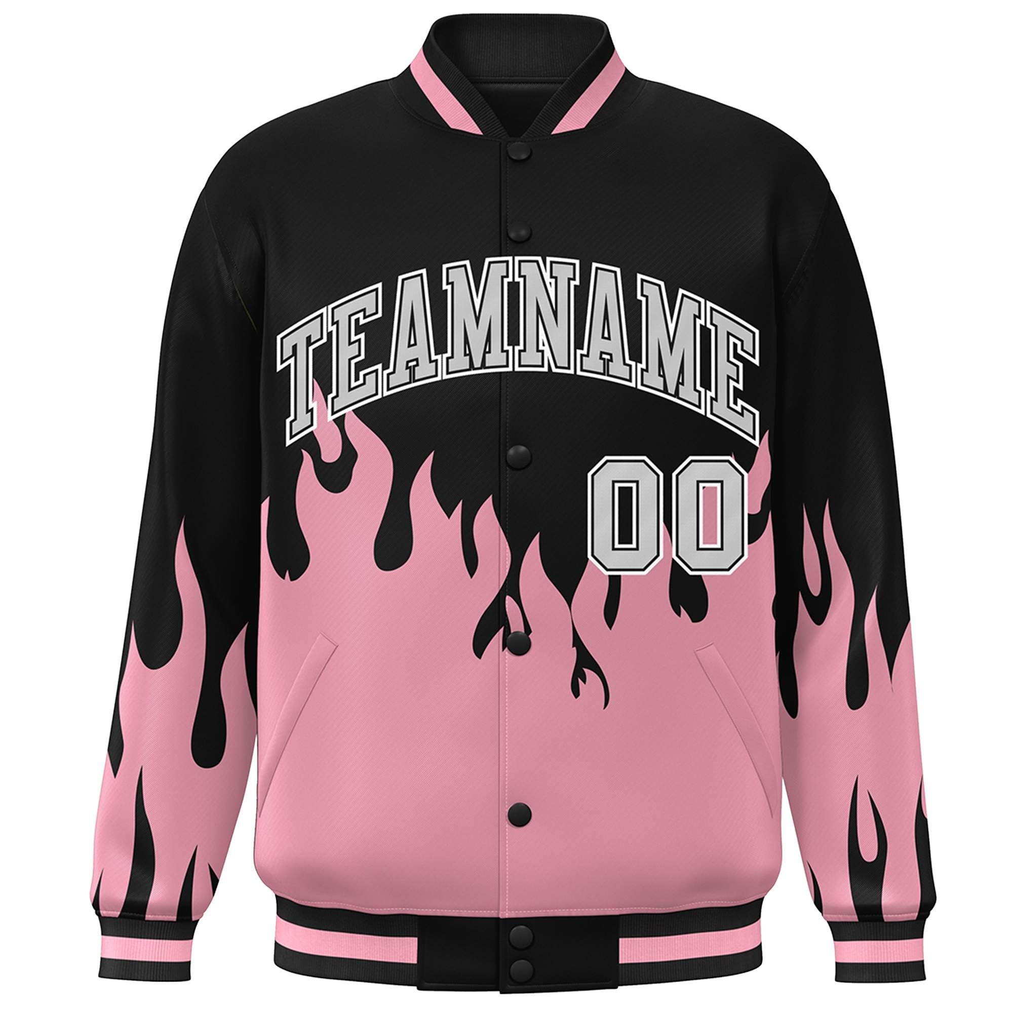 Custom Pink Black-Gray Flame Graffiti Pattern Bomber Varsity Full-Snap Jacket