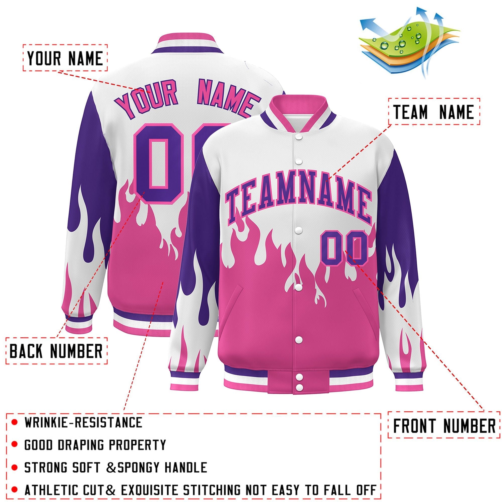 Custom White Pink-Purple Flame Graffiti Pattern Bomber Varsity Full-Snap Jacket