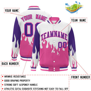 Custom White Pink-Purple Flame Graffiti Pattern Bomber Varsity Full-Snap Jacket