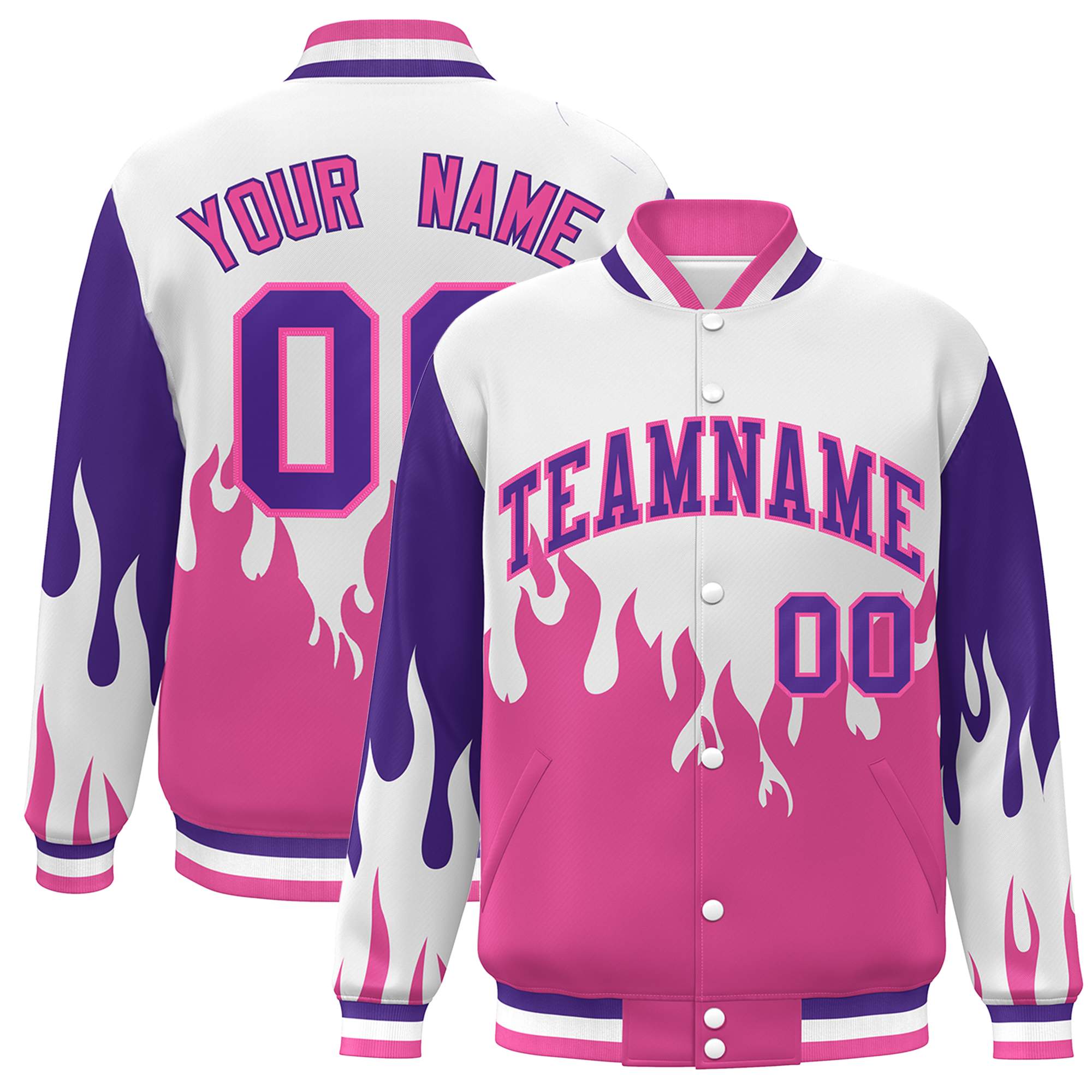 Custom White Pink-Purple Flame Graffiti Pattern Bomber Varsity Full-Snap Jacket