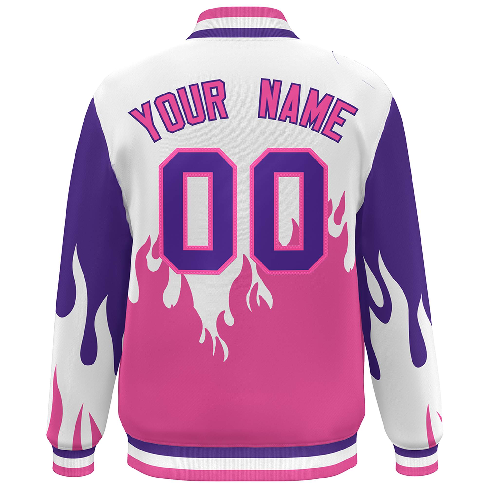 Custom White Pink-Purple Flame Graffiti Pattern Bomber Varsity Full-Snap Jacket