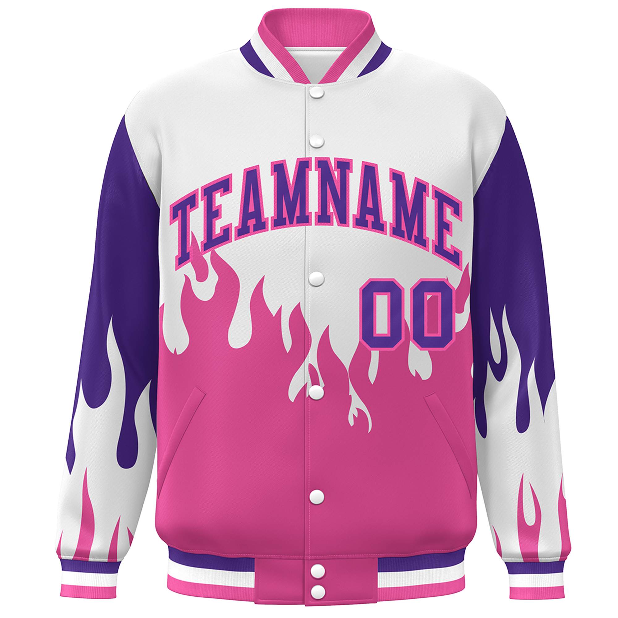 Custom White Pink-Purple Flame Graffiti Pattern Bomber Varsity Full-Snap Jacket