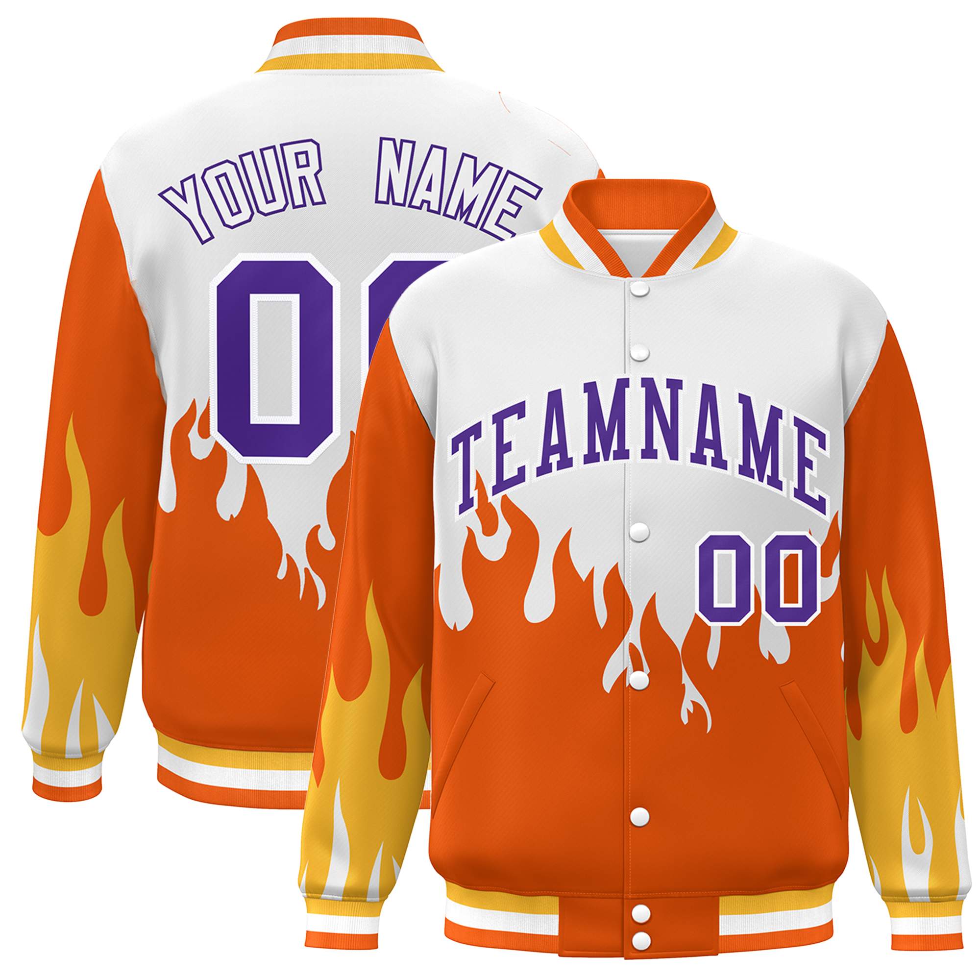 Custom White Orange-Purple Flame Graffiti Pattern Bomber Varsity Full-Snap Jacket