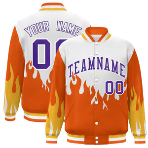 Custom White Orange-Purple Flame Graffiti Pattern Bomber Varsity Full-Snap Jacket