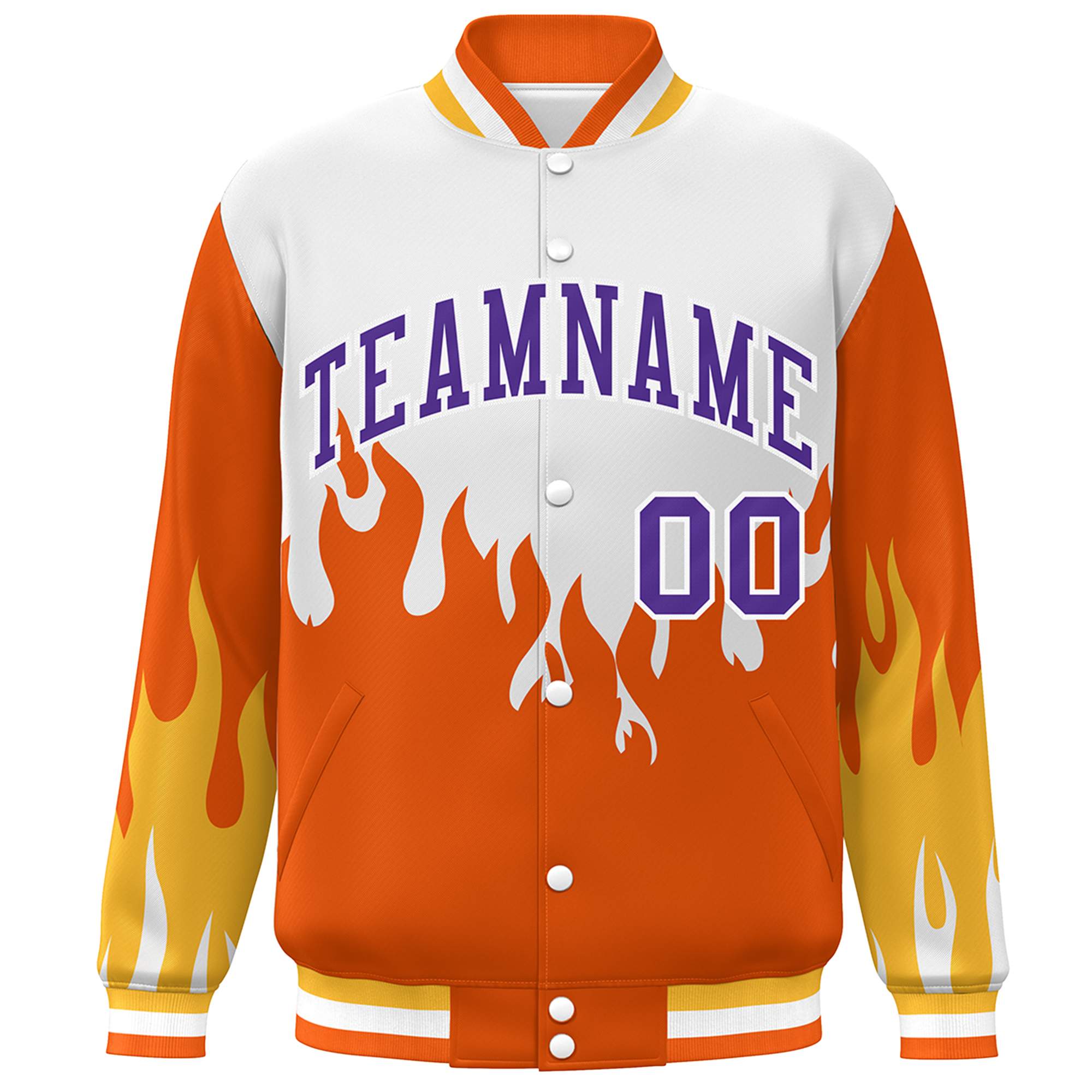 Custom White Orange-Purple Flame Graffiti Pattern Bomber Varsity Full-Snap Jacket