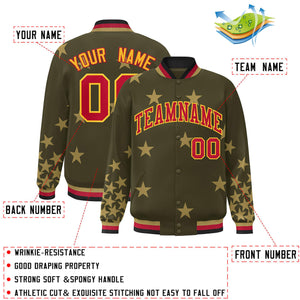 Custom Olive Red-Yellow Star Graffiti Pattern Varsity Full-Snap Bomber Jacket