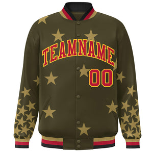 Custom Olive Red-Yellow Star Graffiti Pattern Varsity Full-Snap Bomber Jacket