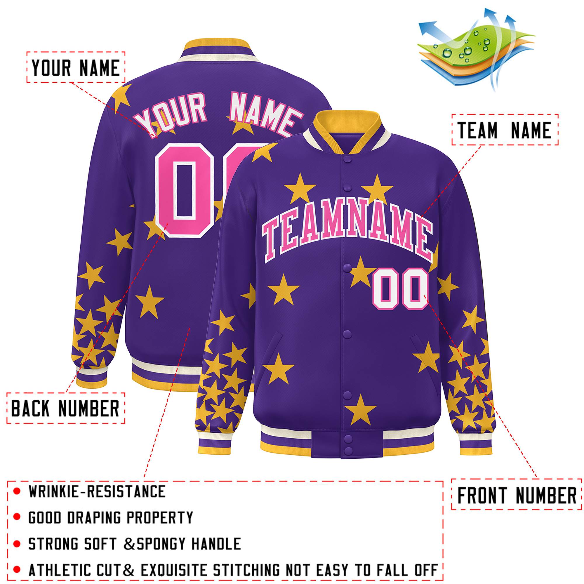 Custom Purple Pink-White Star Graffiti Pattern Varsity Full-Snap Bomber Jacket