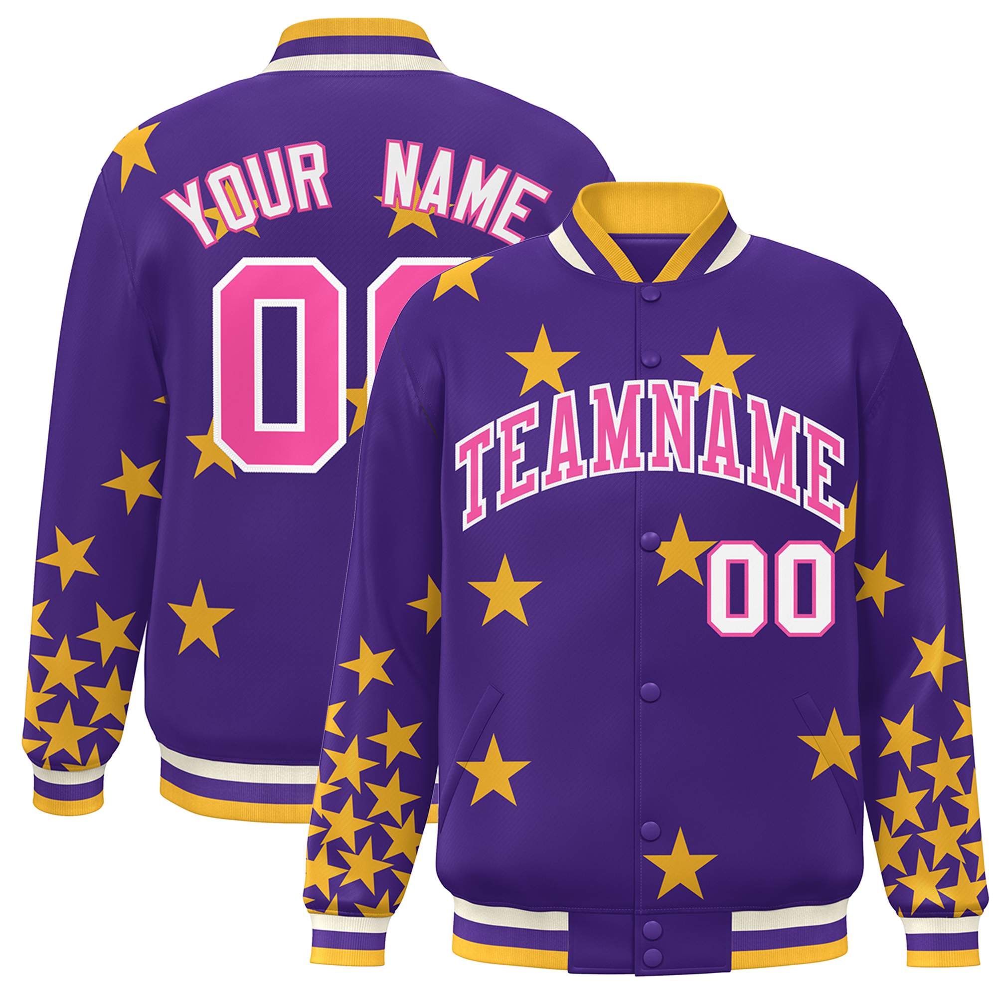 Custom Purple Pink-White Star Graffiti Pattern Varsity Full-Snap Bomber Jacket