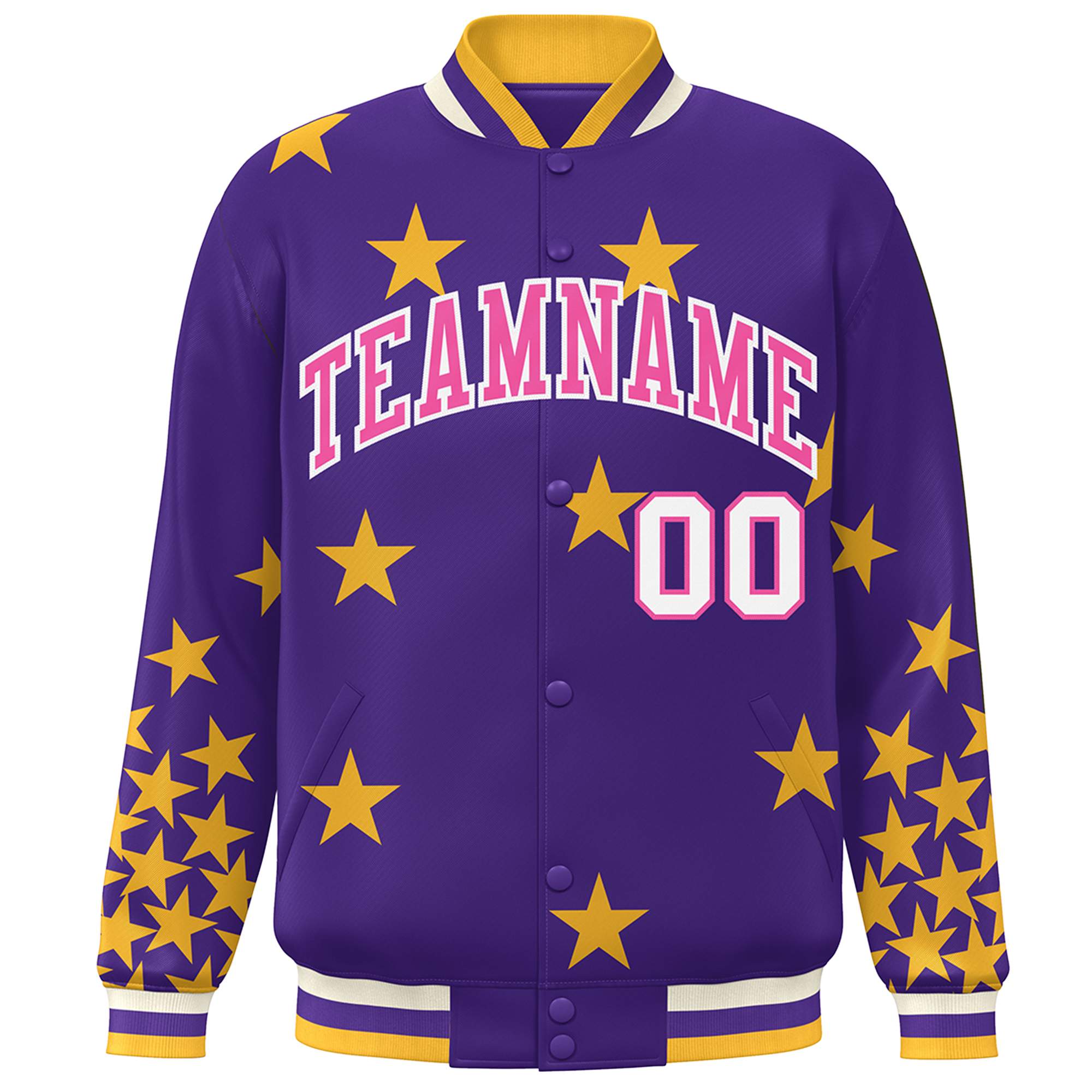 Custom Purple Pink-White Star Graffiti Pattern Varsity Full-Snap Bomber Jacket