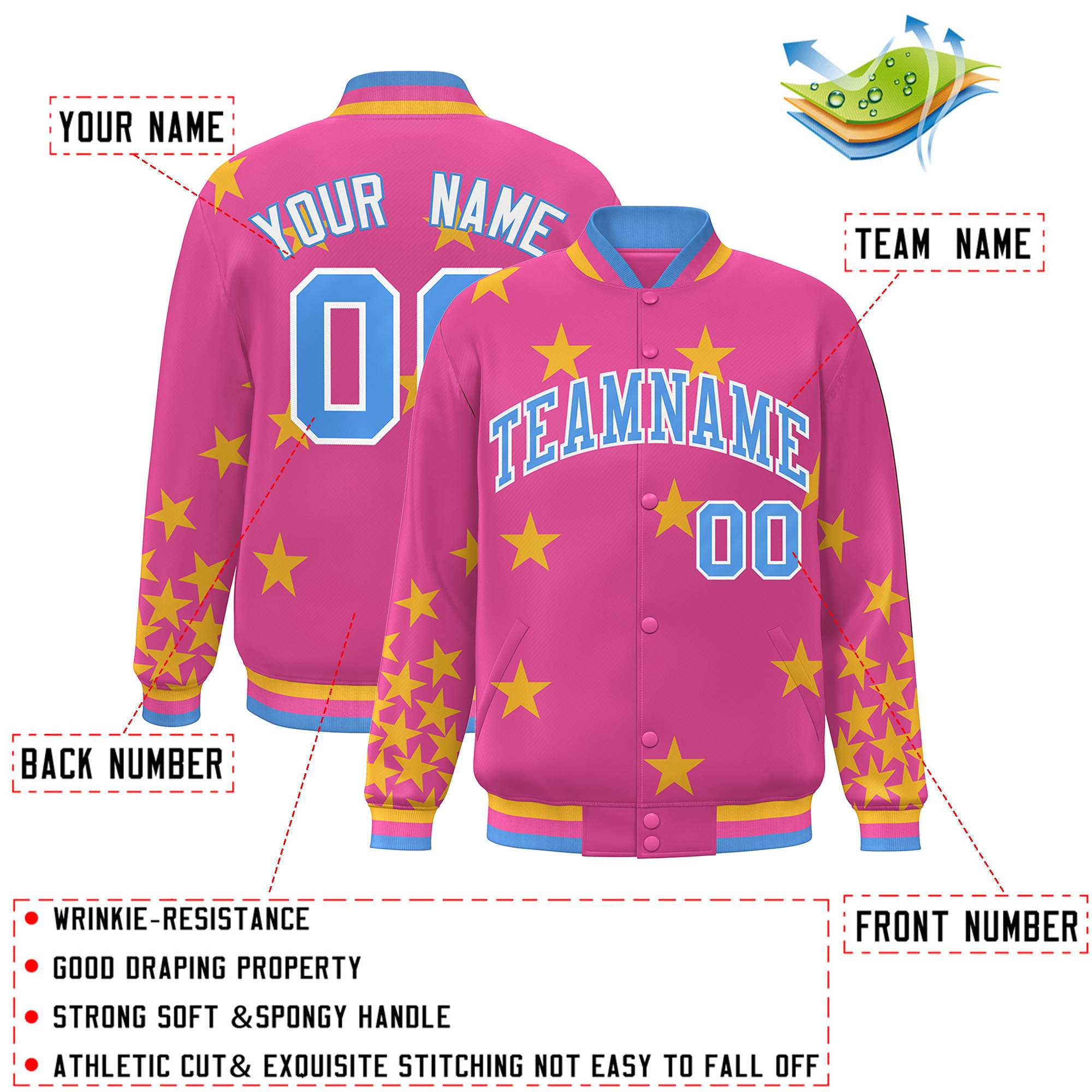 Custom Pink Powder Blue-White Star Graffiti Pattern Varsity Full-Snap Bomber Jacket