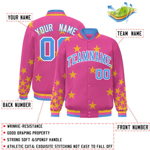 Custom Pink Powder Blue-White Star Graffiti Pattern Varsity Full-Snap Bomber Jacket