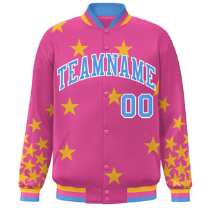 Custom Pink Powder Blue-White Star Graffiti Pattern Varsity Full-Snap Bomber Jacket