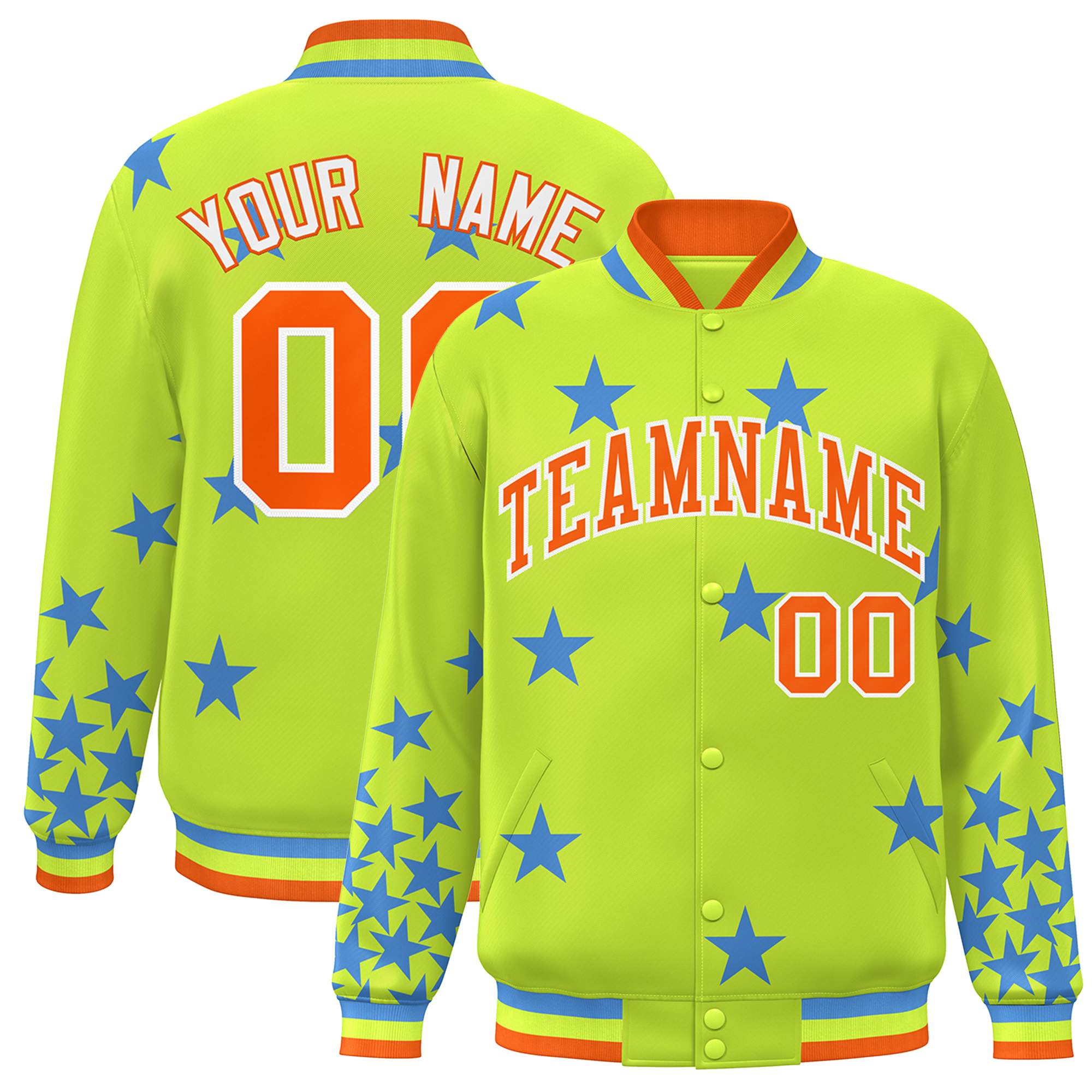 Custom Neon Green Orange-White Star Graffiti Pattern Varsity Full-Snap Bomber Jacket